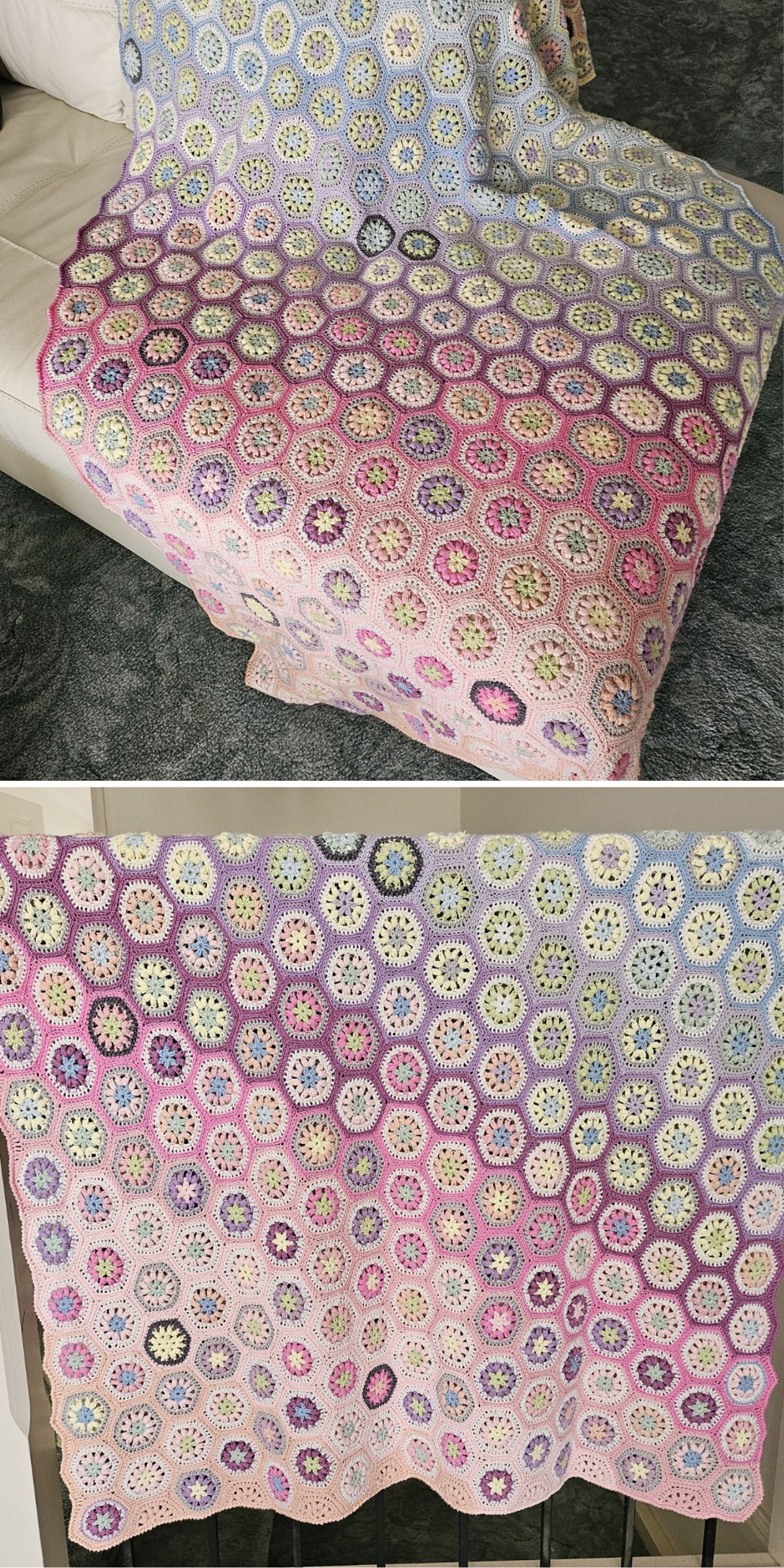 Handmade crocheted blanket with a hexagonal motif pattern in pastel colors, draped over a couch in the first image and hanging flat in the second image.