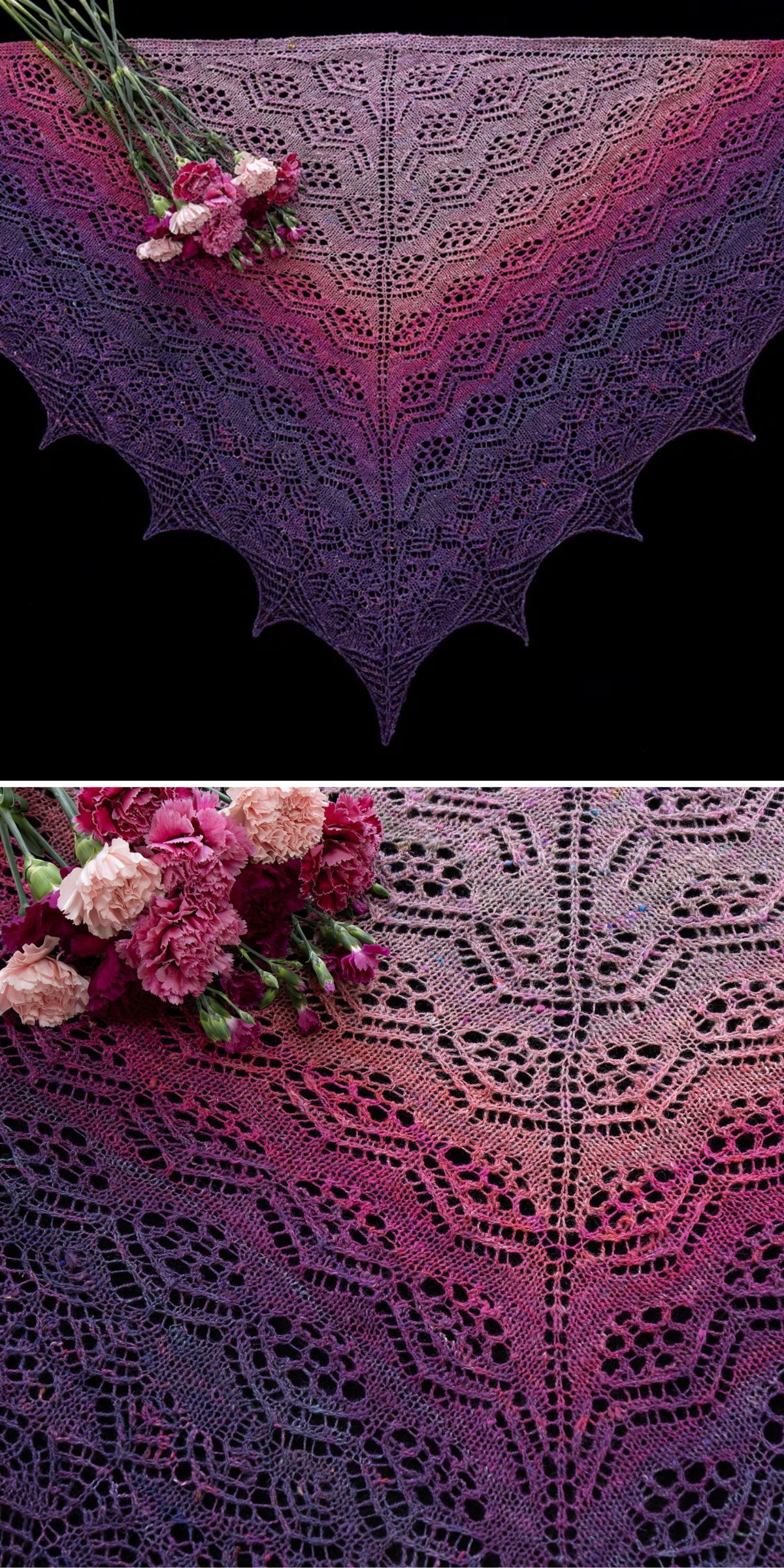 A triangular knit shawl with a lace pattern in gradient shades of purple and pink, decorated with a bouquet of pink and red carnations.