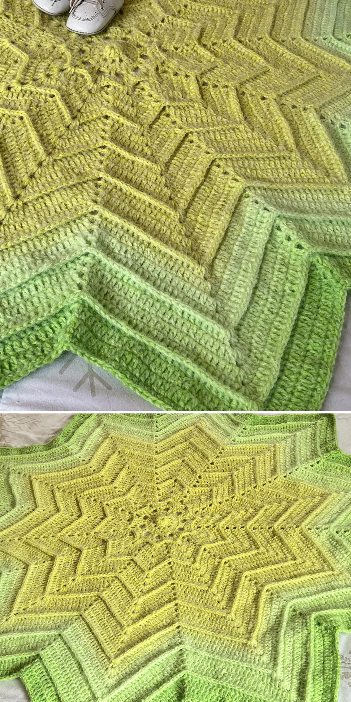 A large, green, star-shaped crocheted blanket with a textured pattern is spread out on the floor; shoes are visible at the top edge.