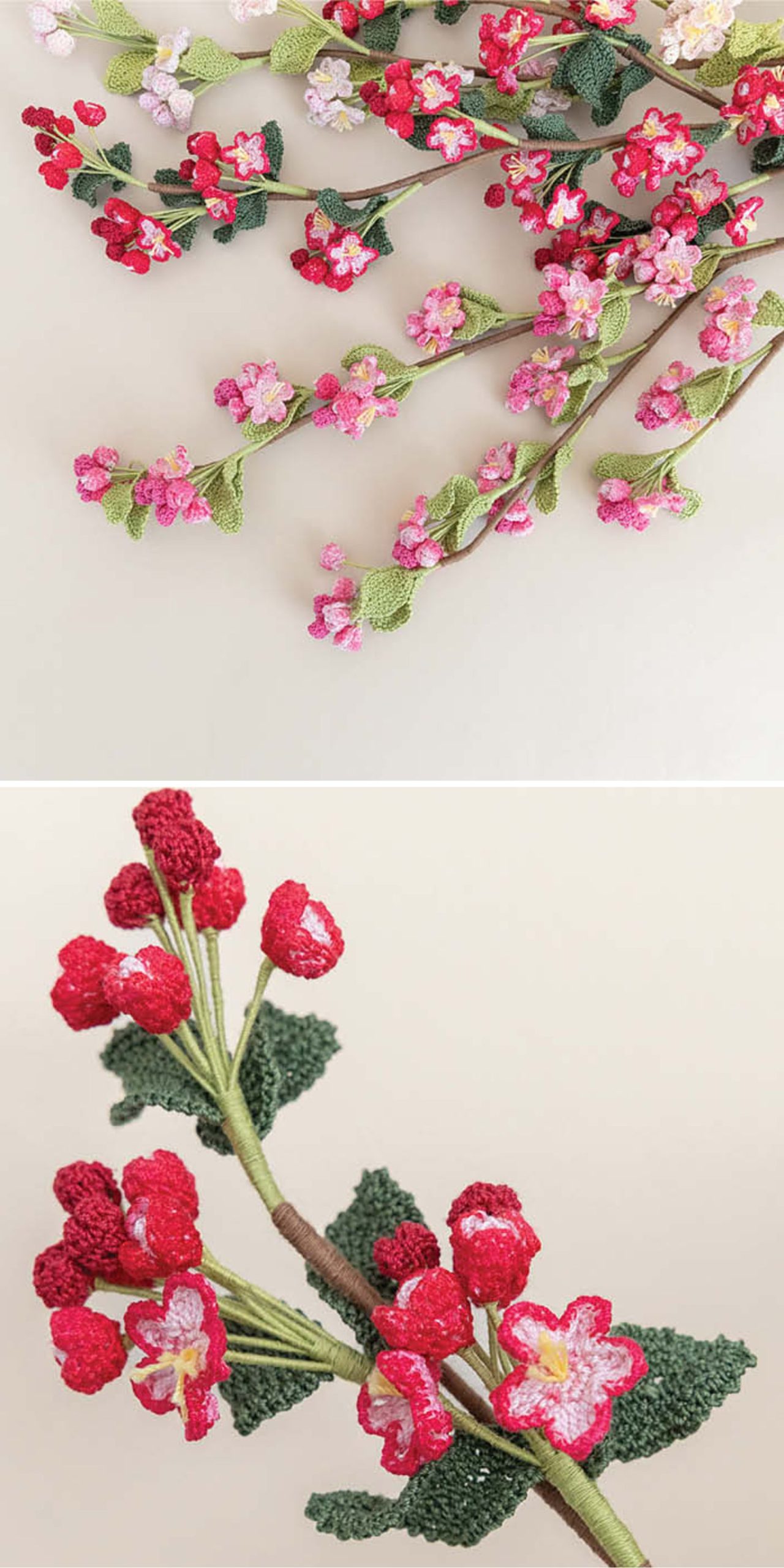 Two close-up views of crocheted flower branches with pink, red, and white blossoms and green leaves, arranged on a light background.