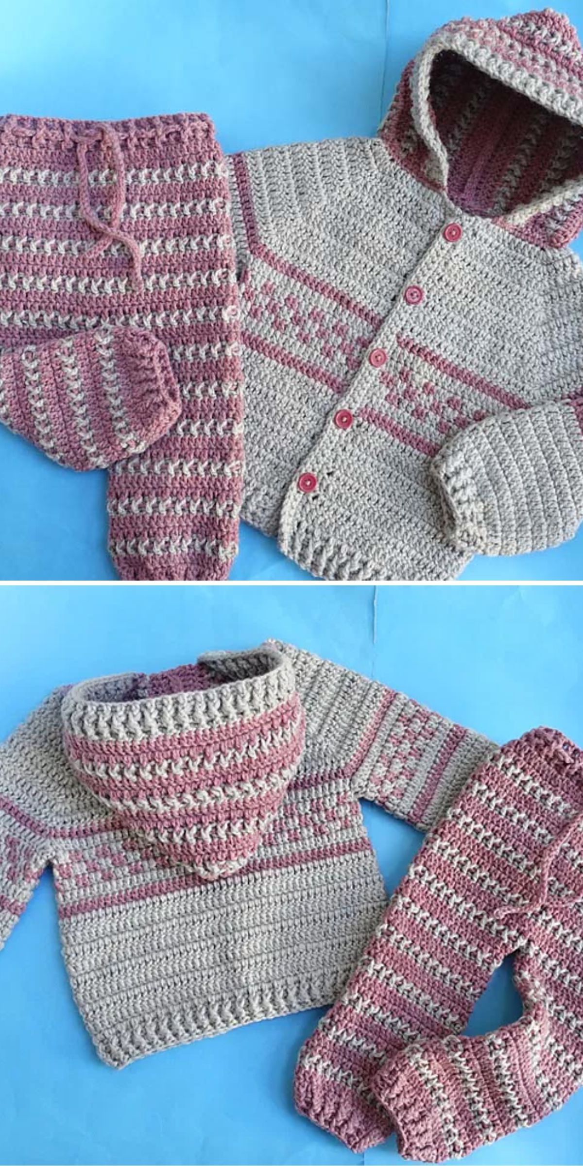 Two images show a handmade crocheted baby outfit, including a hooded sweater with buttons and matching pants in grey and pink tones, laid flat on a blue background.