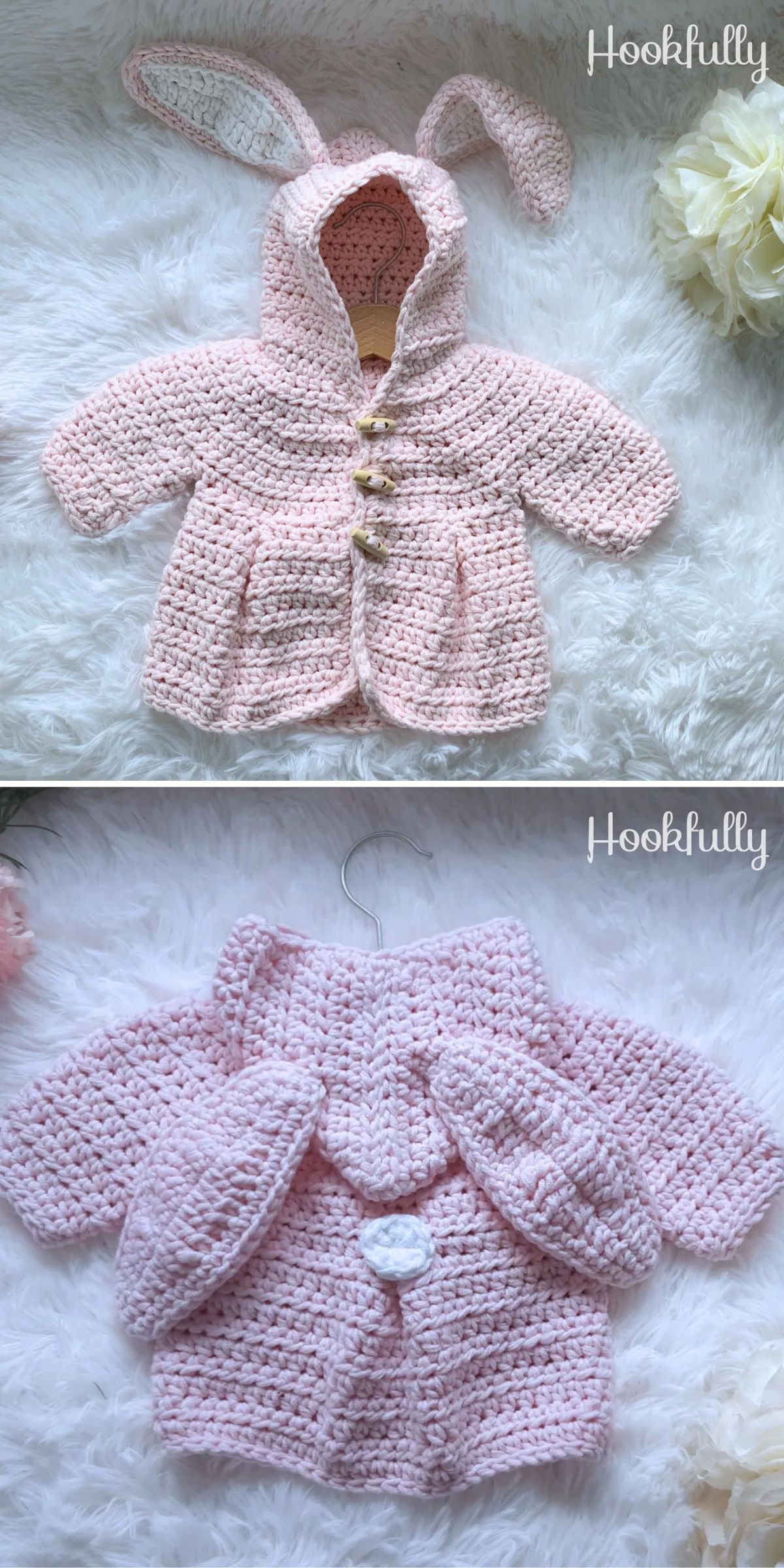 Two images show a pink crocheted baby sweater with a hood featuring bunny ears, wooden buttons, and a white pompom tail, displayed on a white fluffy surface.