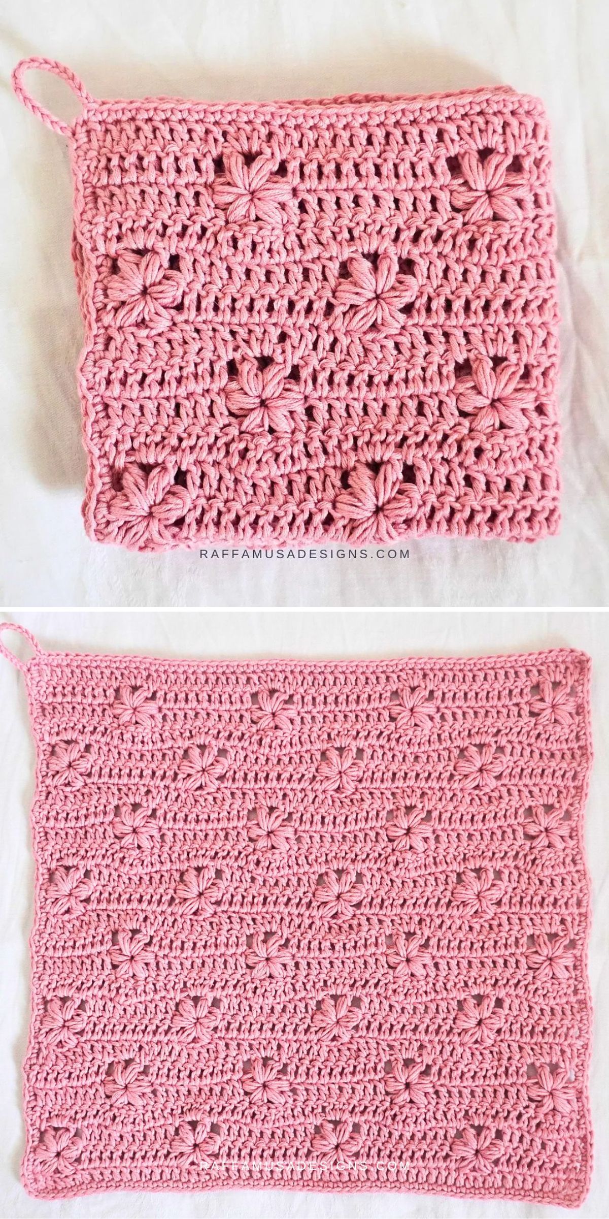Two pink crocheted squares are shown; the top square features a floral textured pattern, while the bottom square has a flatter, less textured design with similar motifs.