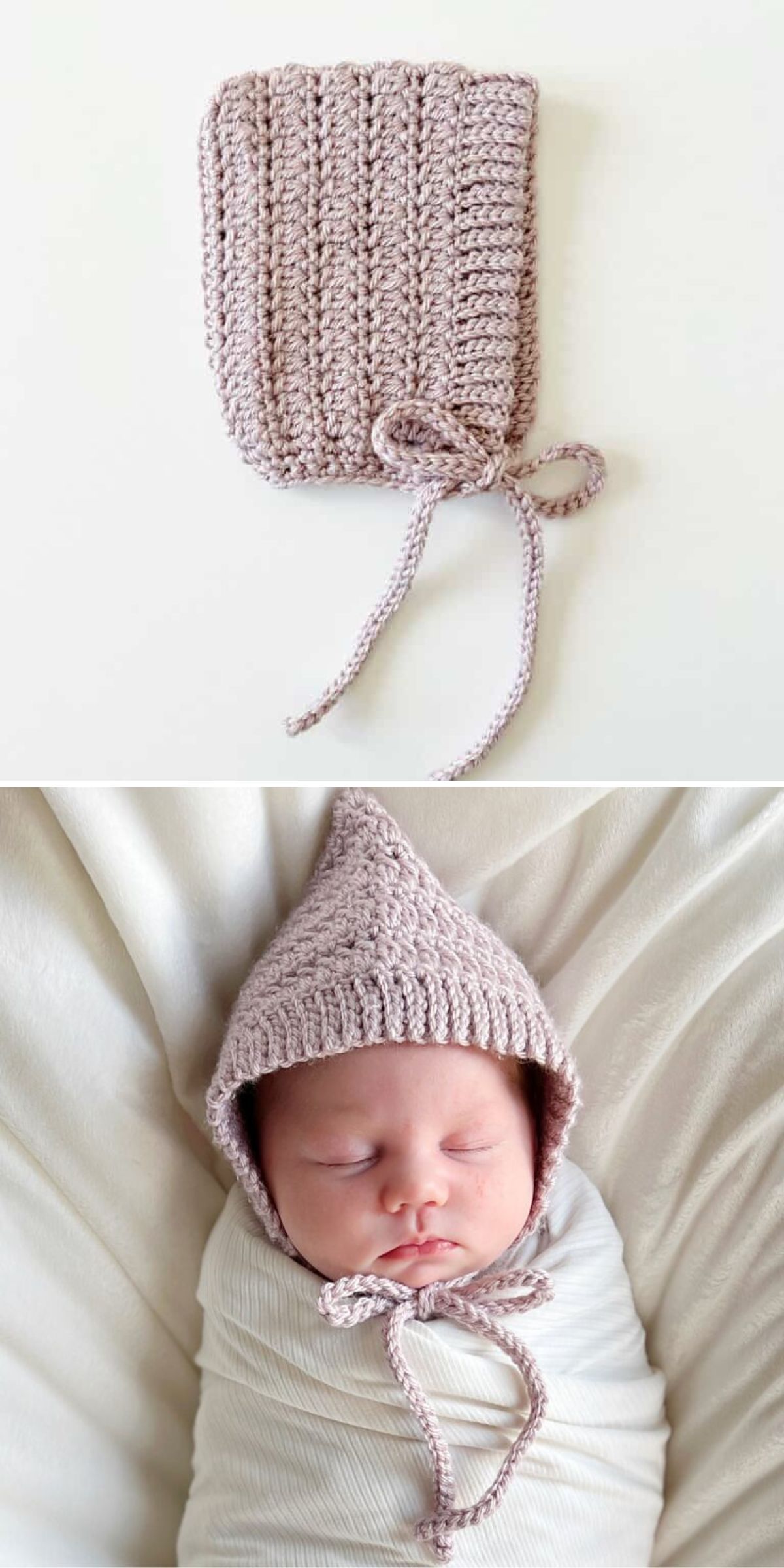 A crocheted baby bonnet with ties is shown alone, and then worn by a sleeping, swaddled baby on a light blanket.