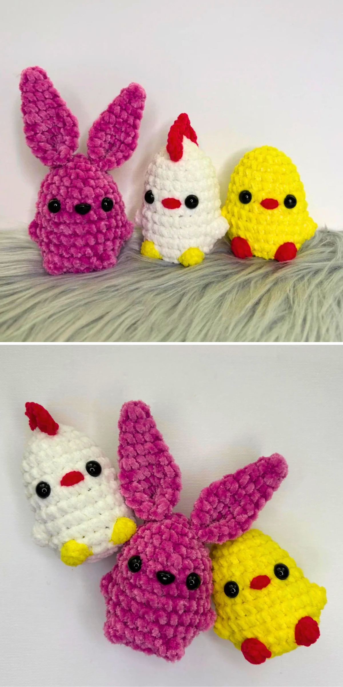 Three crocheted plush toys—a pink bunny, a white chicken, and a yellow chick—are shown upright in the top image and lying down together in the bottom image.