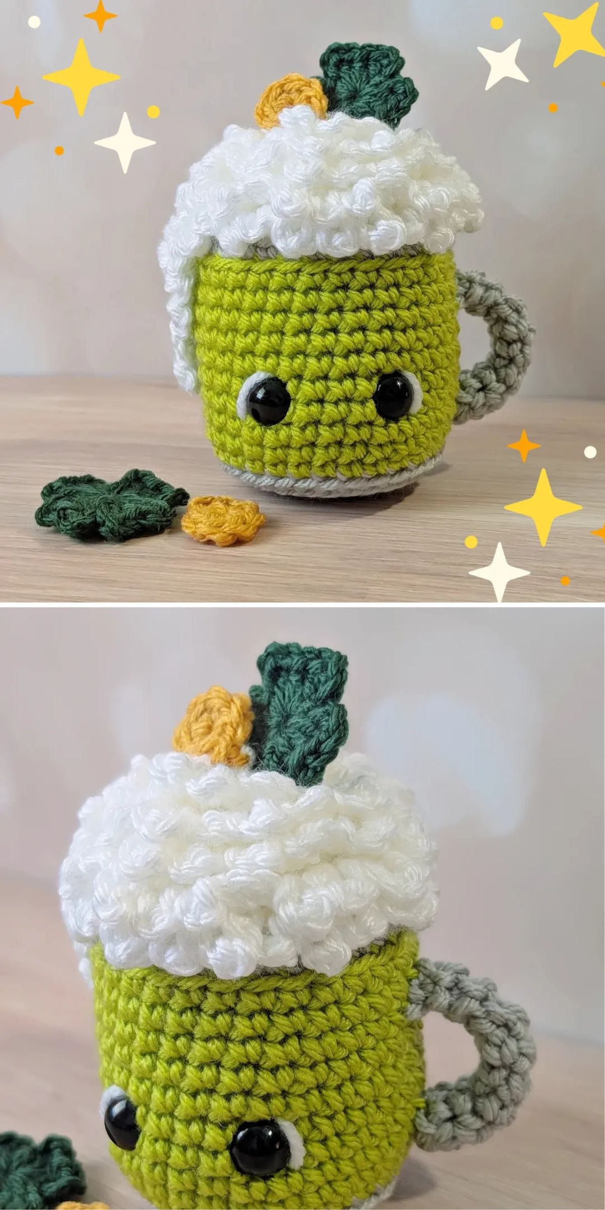 Two photos show a crocheted green mug with big black eyes, white whipped topping, a yellow accent, and a green leaf, displayed on a wooden surface with decorative stars in the background.