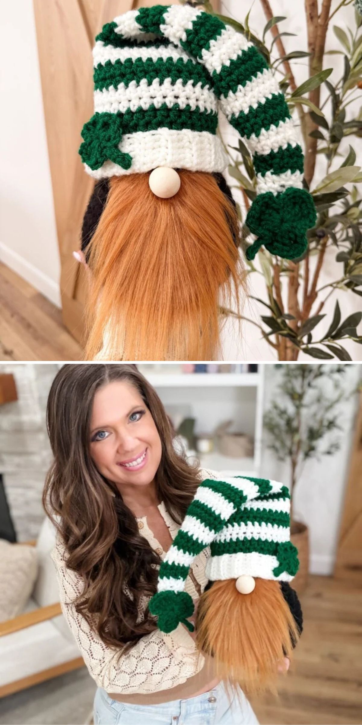 A woman holds a handmade gnome doll with a long orange beard and a green and white striped hat, featuring green mittens and a round nose.