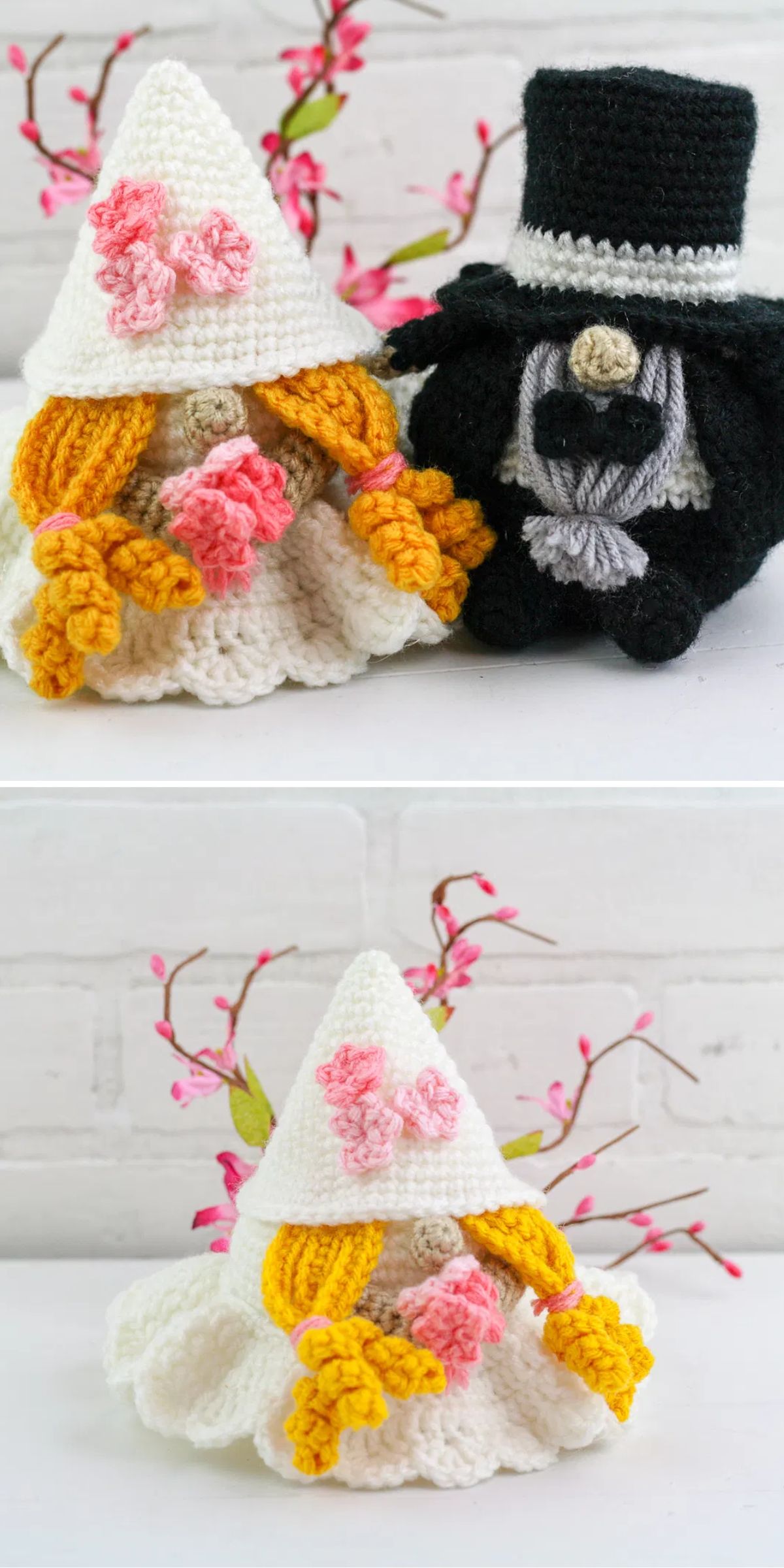 Two crocheted dolls are shown: one in a white dress and hat with pink flowers and yellow hair, and another in a black suit and top hat. Pink flowers are placed in the background.
