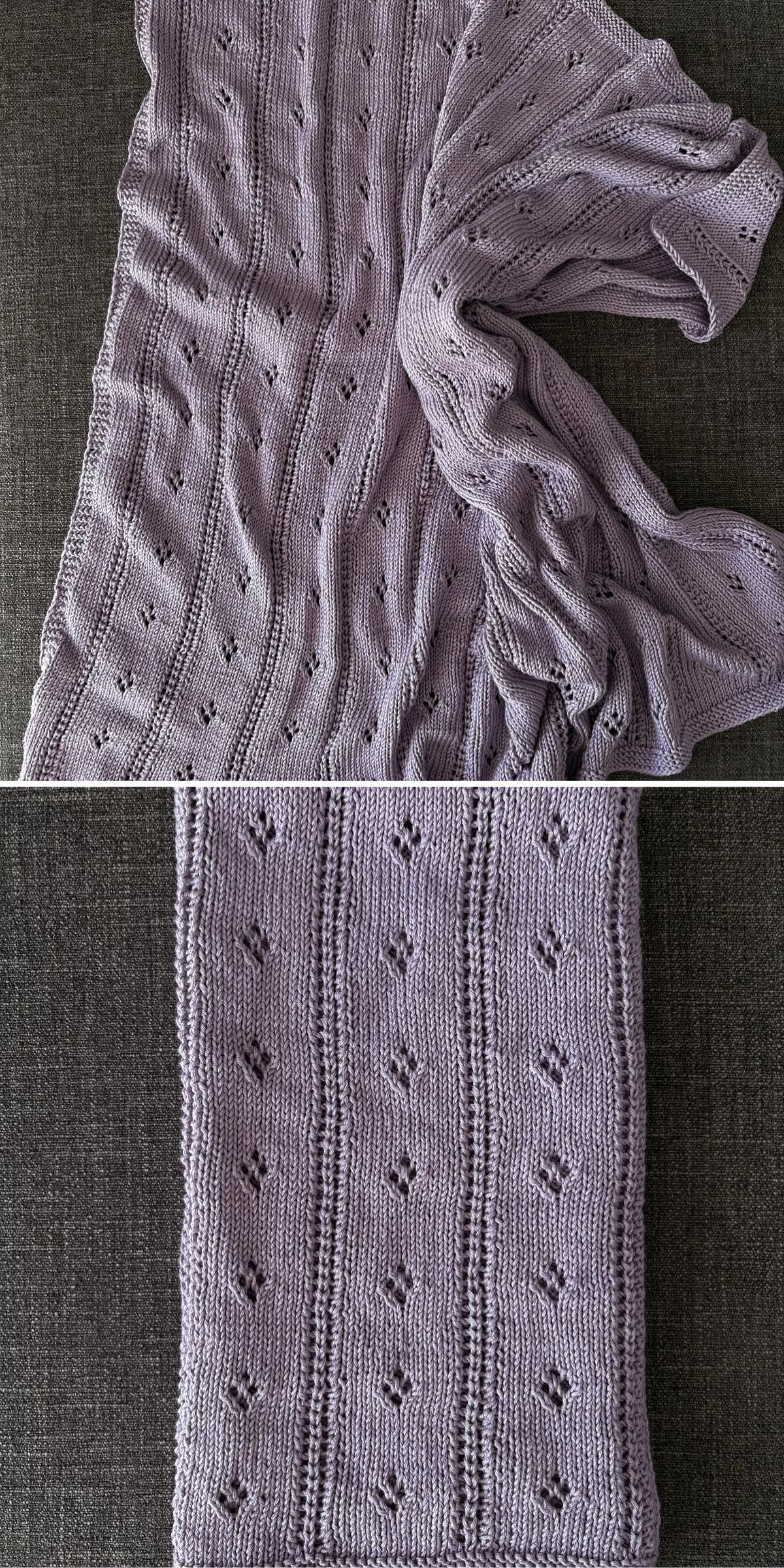 A lavender knitted blanket with a repeating diamond eyelet pattern, laid out and folded on a dark gray surface.