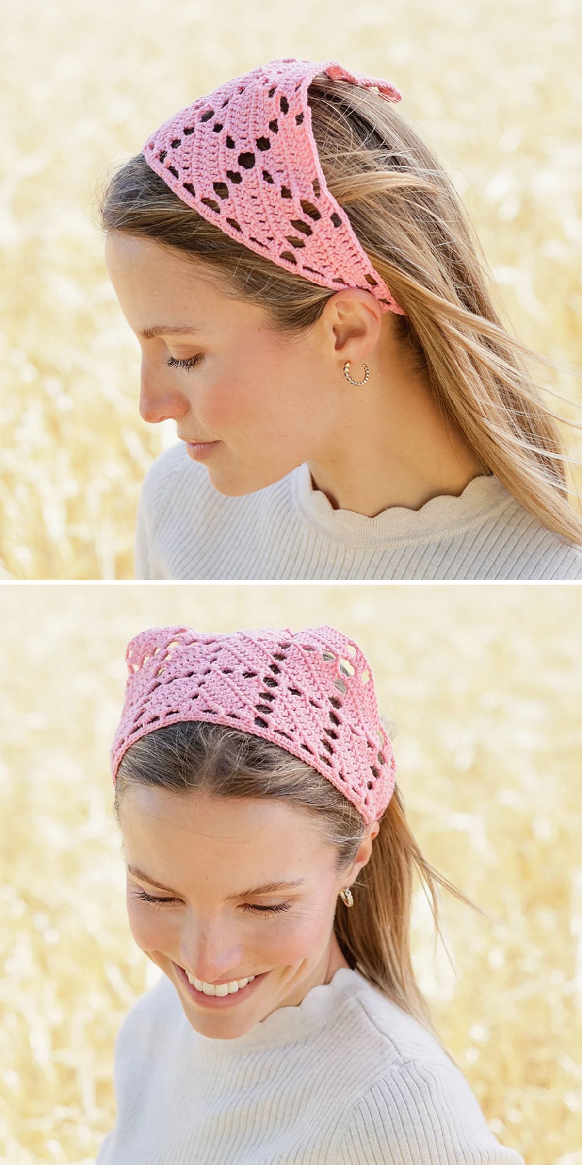 A woman wearing a light pink crocheted headscarf is shown outdoors in a wheat field, seen from the side and front views.