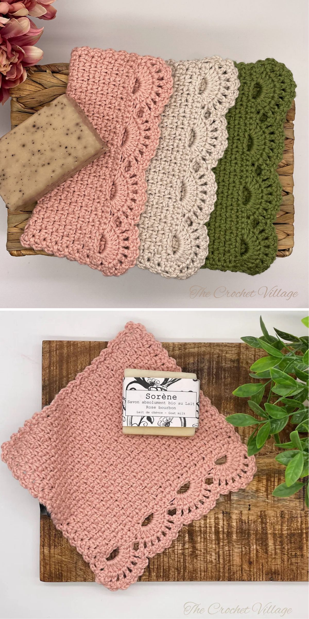 Three crocheted washcloths in pink, cream, and green with decorative edges, displayed beside a bar of soap on a wooden surface with a plant nearby.