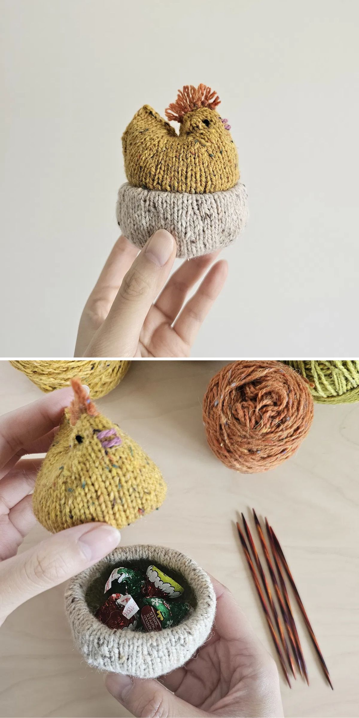 Two photos: A hand holds a knitted container shaped like a bird on a nest. The top lifts off to reveal small wrapped candies inside. Knitting needles and yarn are visible in the background.
