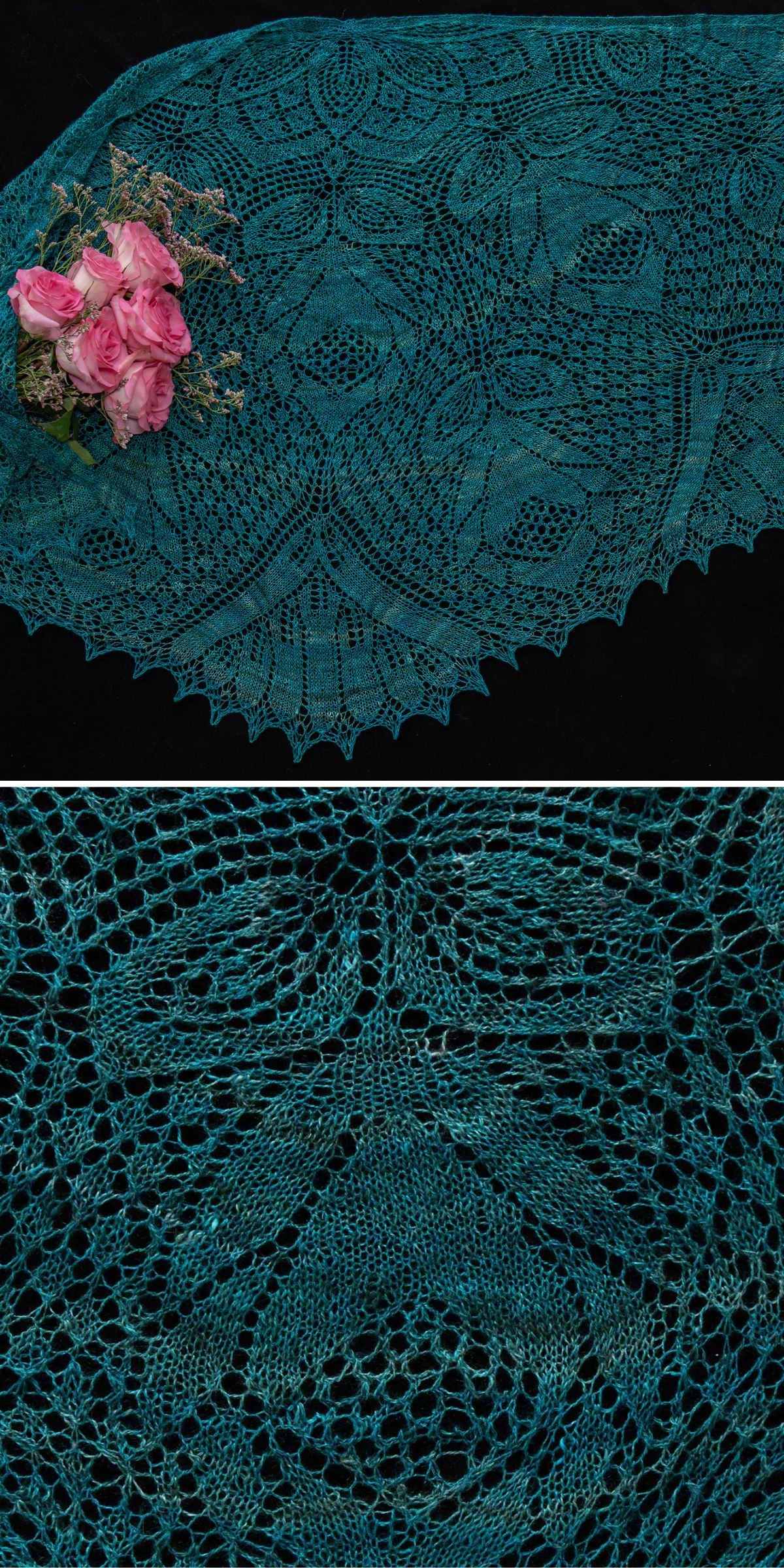 Teal lace-knit shawl with intricate patterns displayed on a black surface; pink roses placed on the upper left corner in the first image. Close-up of the knit detail in the second image.