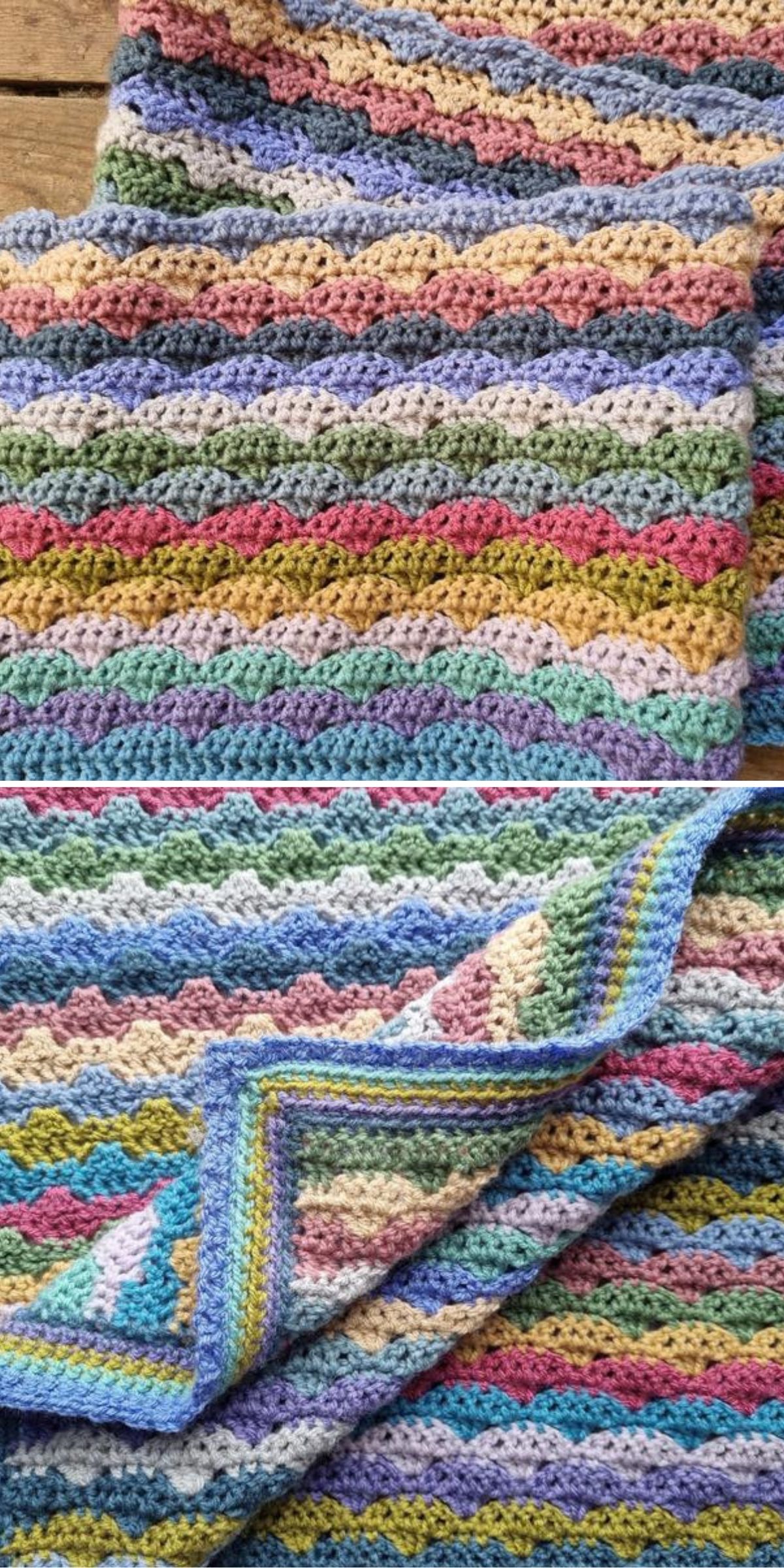 A crocheted blanket featuring rows of pastel colors in a repeating scallop pattern, shown folded and laid out on a wooden surface.