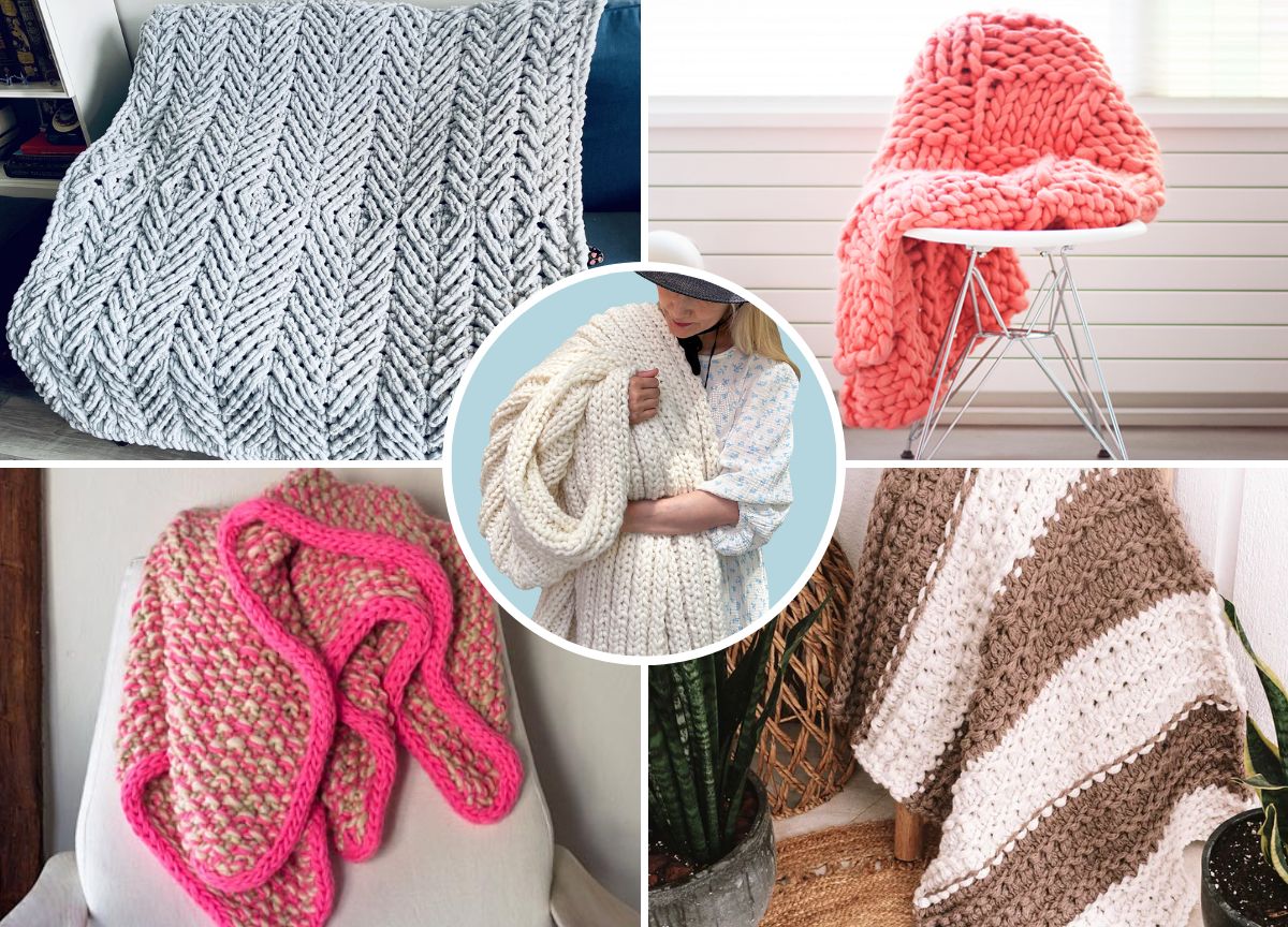 A collage of five chunky knit blankets in various colors and patterns, displayed on furniture and held by a person.