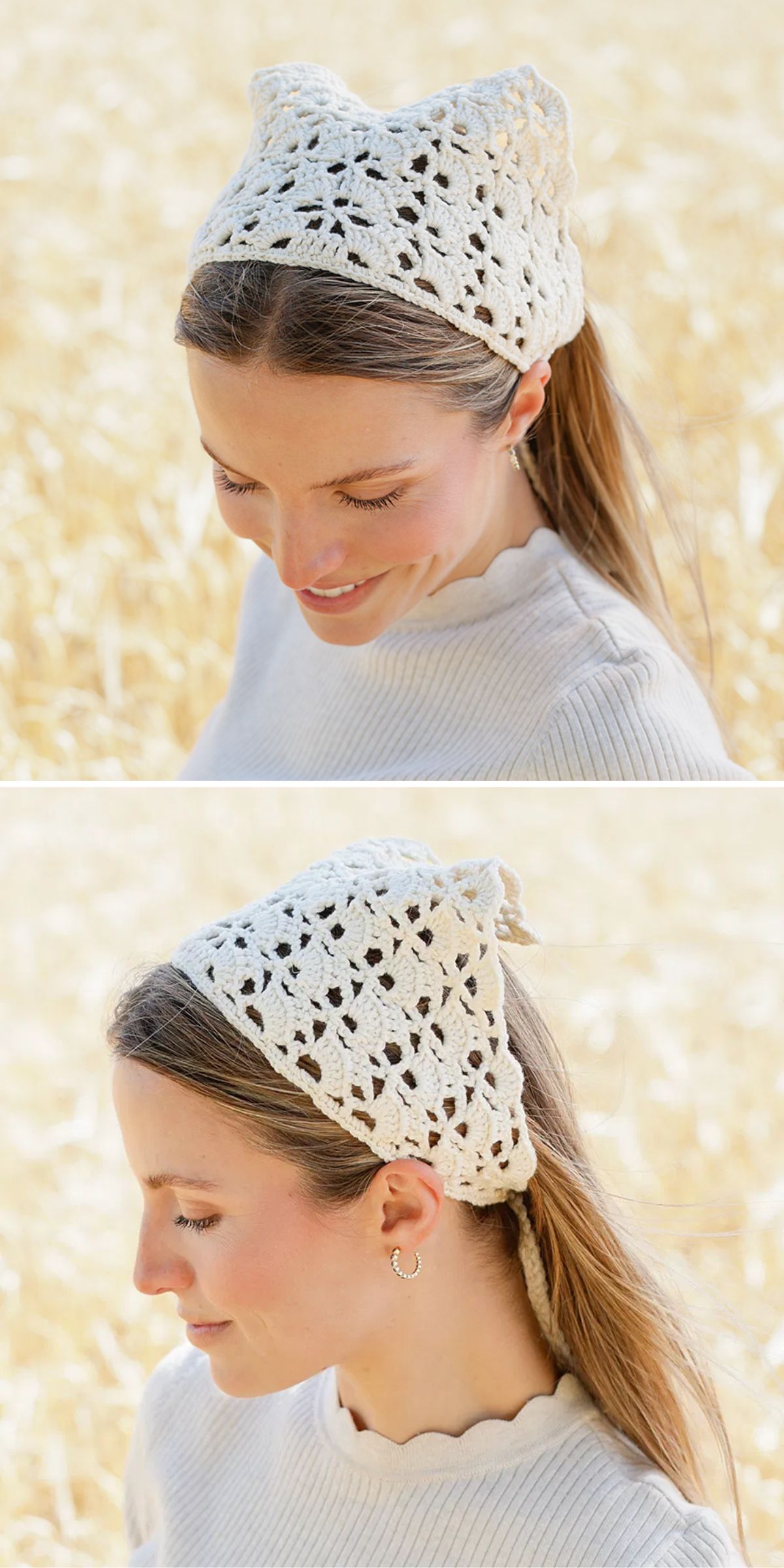 A woman wearing a white crocheted headscarf with a lacy pattern, shown from a top and side angle, standing outdoors in a field.