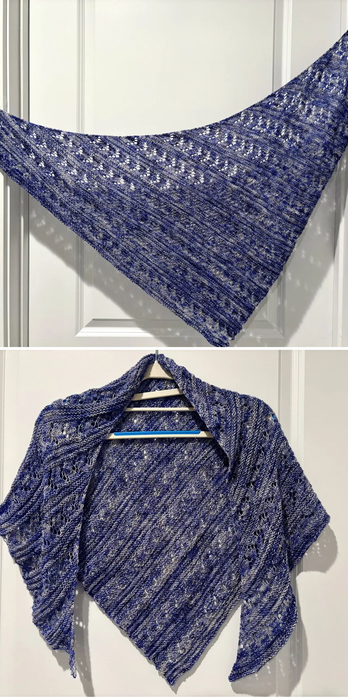 A blue and white knitted triangular shawl is displayed first hanging open and then draped over a hanger to show its shape and texture.