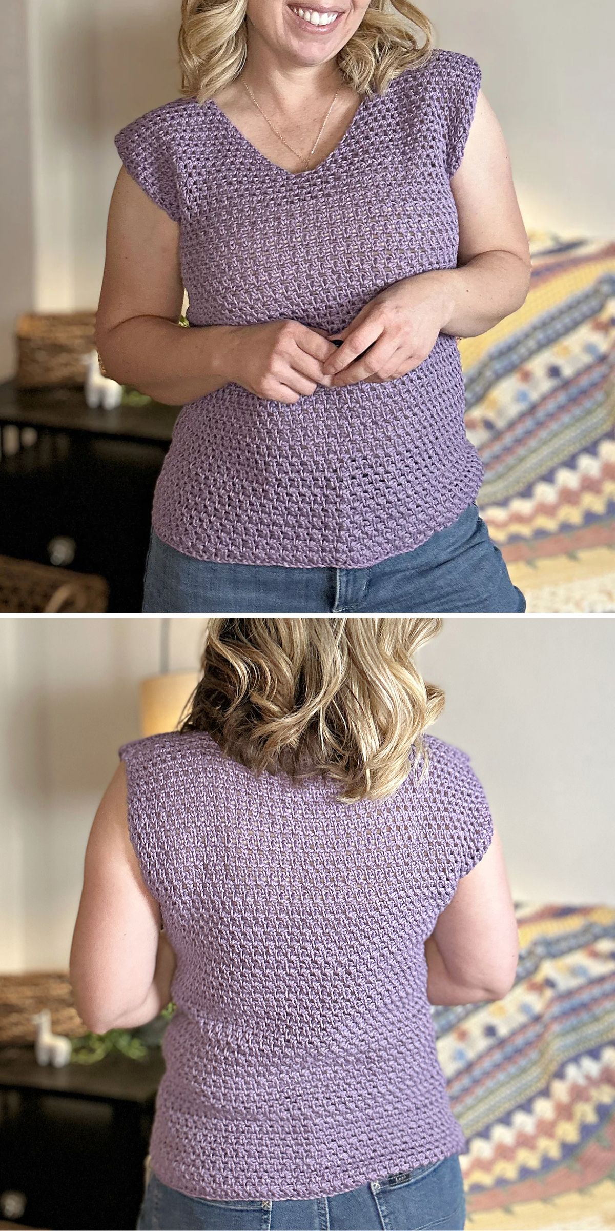 A woman modeling a sleeveless, textured purple knit top; the first image shows the front view, and the second image shows the back view.