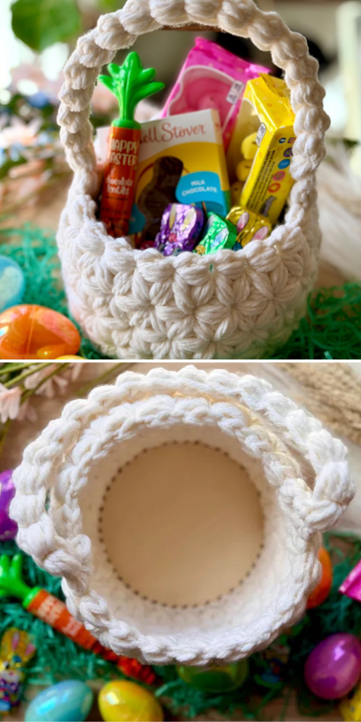Two images of a cream-colored crocheted basket: the first filled with assorted Easter candies, the second empty, showing the basket’s interior.