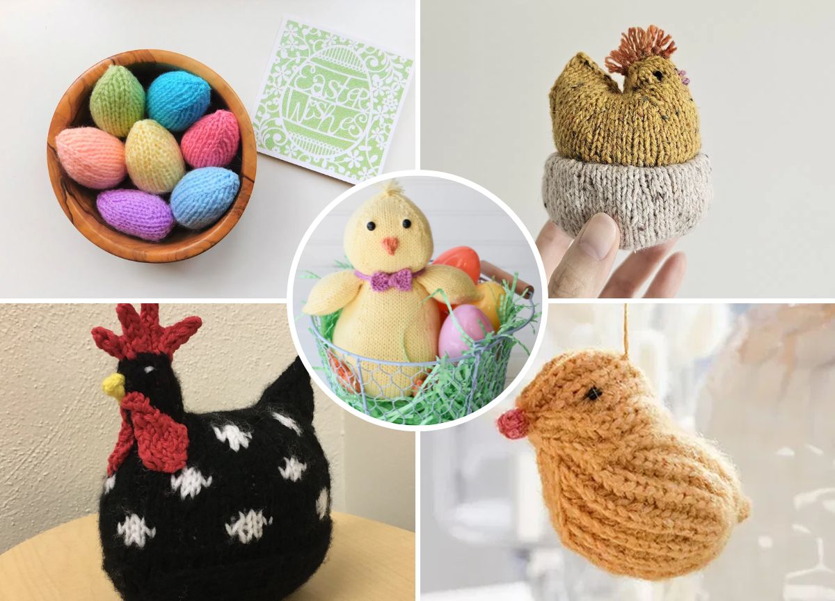 A collage of knitted Easter crafts, including colorful eggs, a yellow chick, two different brown hens, and a black hen with red and white details.