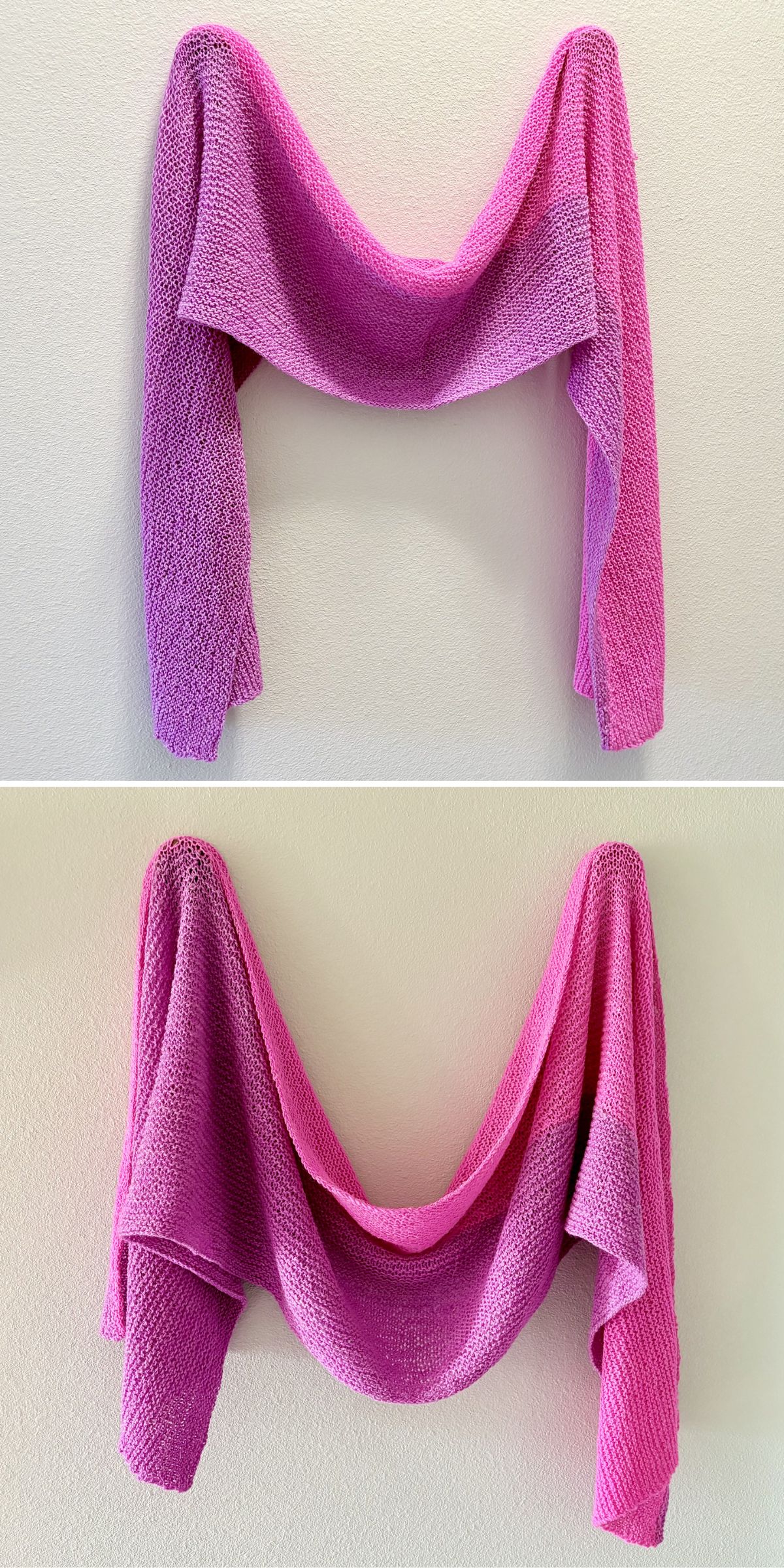 Two images show a pink and purple knitted shawl hanging on a wall, draped in different ways, with the sleeves and body forming curved shapes.