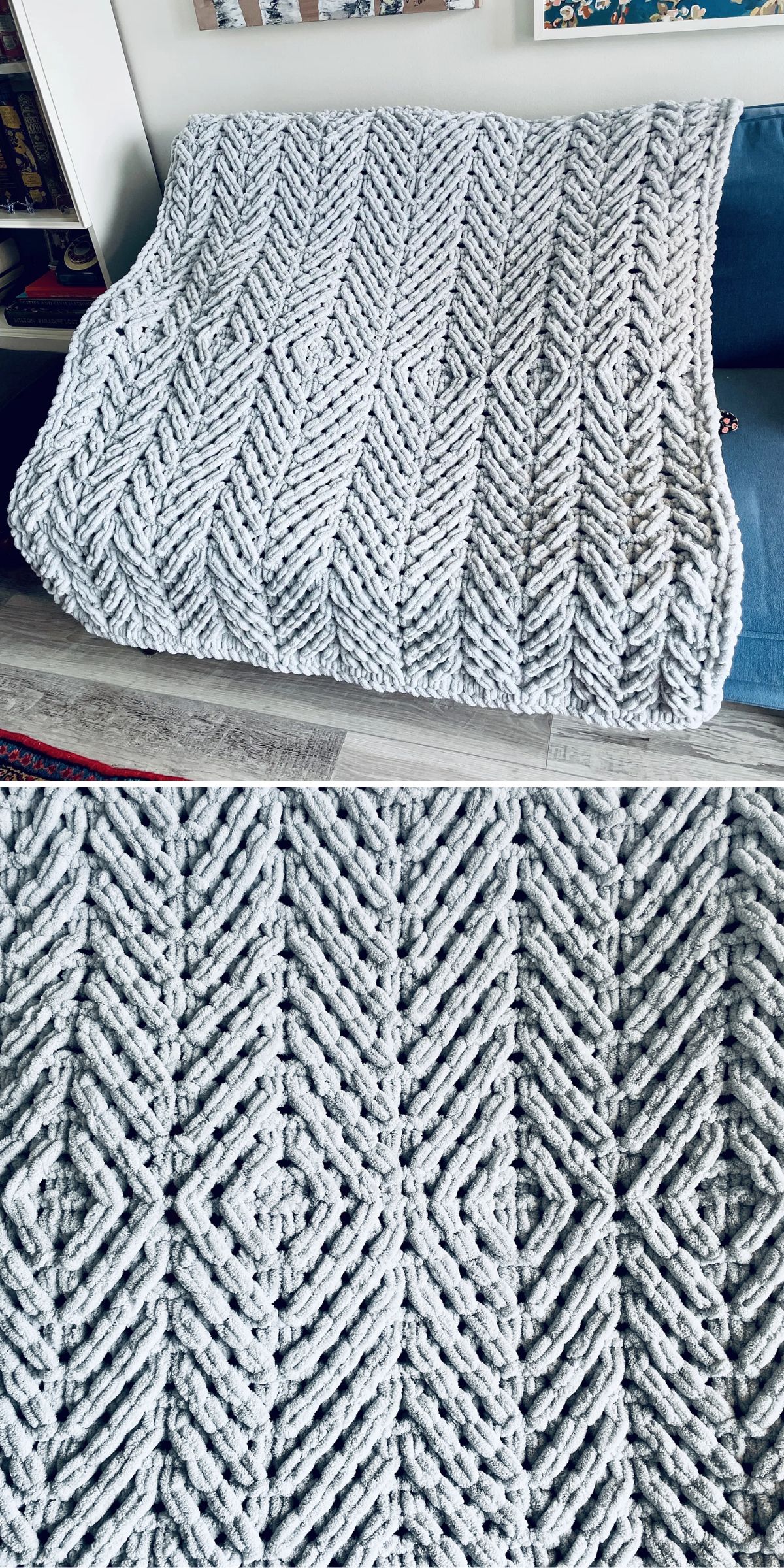 A chunky knit gray blanket with a raised chevron and diamond pattern is draped over a blue sofa; a close-up shows the detailed texture of the knit.