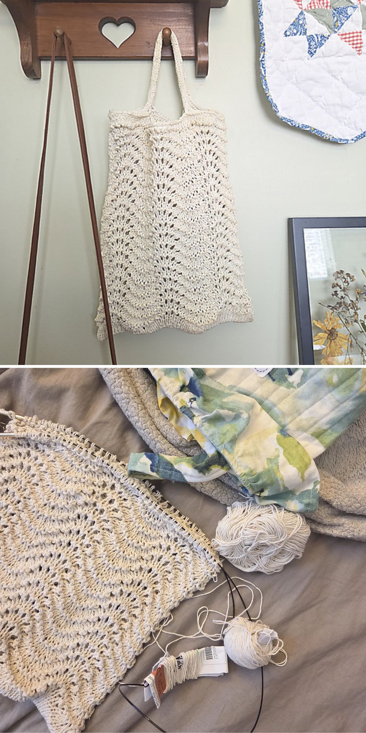 A handmade cream-colored knit bag hangs on a wooden hook; below, the bag is shown in progress with yarn, needles, and fabric on a bed.
