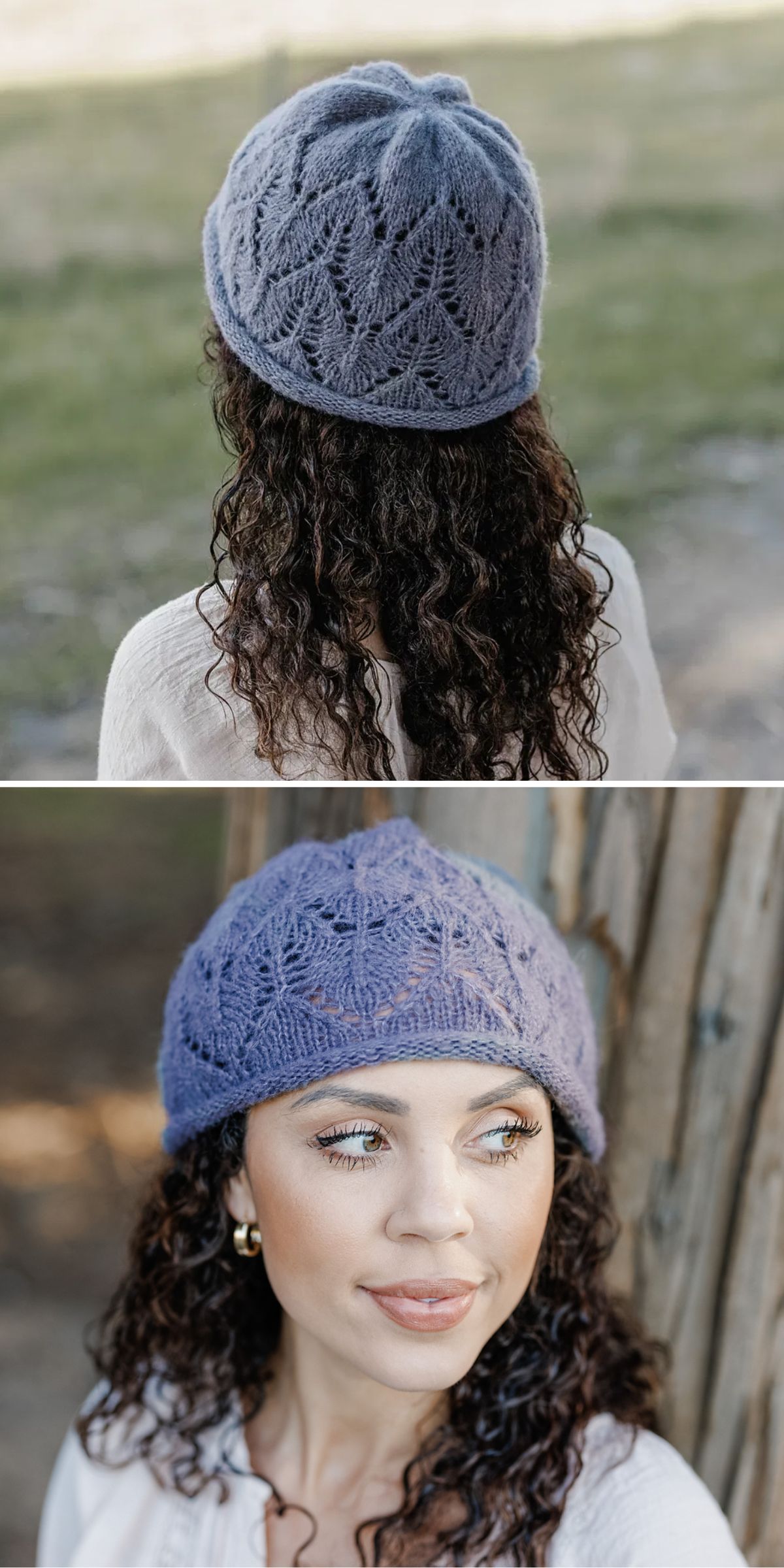 A woman with curly hair wears a purple knit hat with a leaf pattern, shown from the back outdoors and from the front leaning against a wooden wall.
