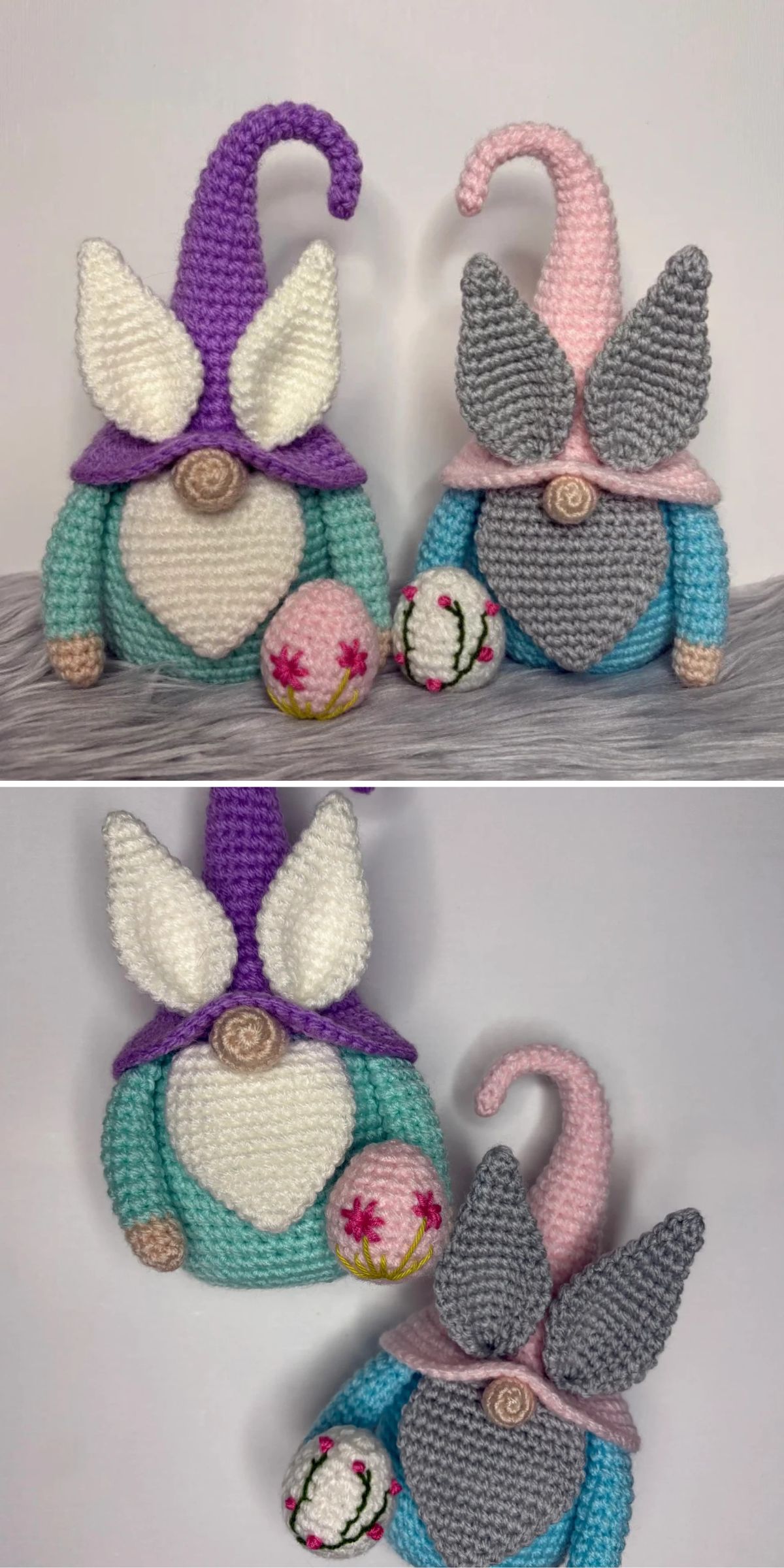 Two images of crocheted gnome dolls with large hats and ears, each paired with a small round crocheted accessory, displayed on a gray surface.