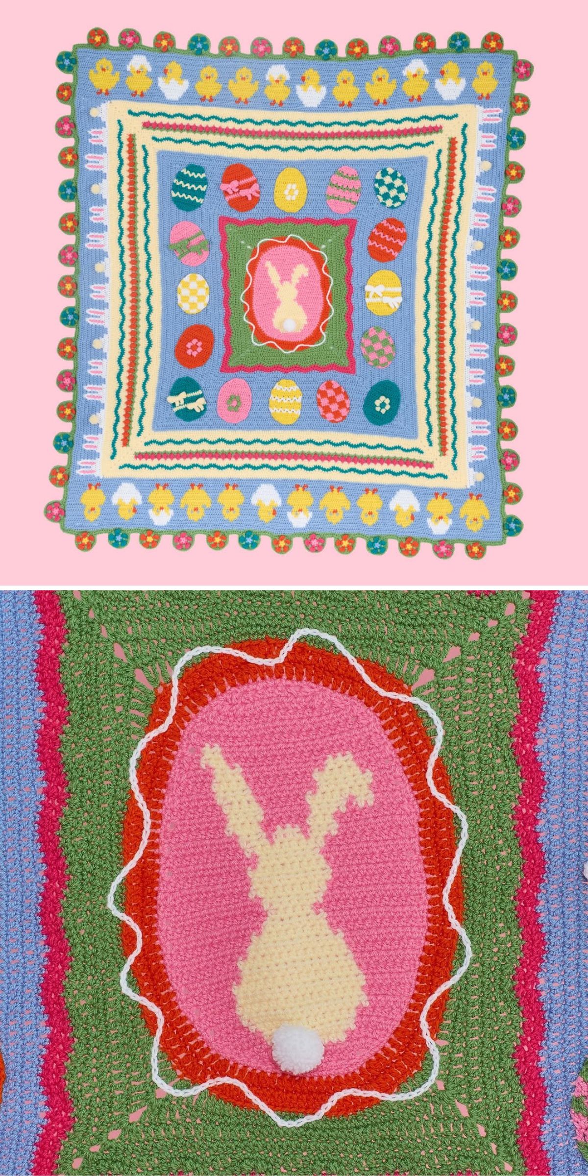A knitted square blanket features a central yellow bunny silhouette, surrounded by colorful Easter eggs and decorative borders with a pom-pom trim.