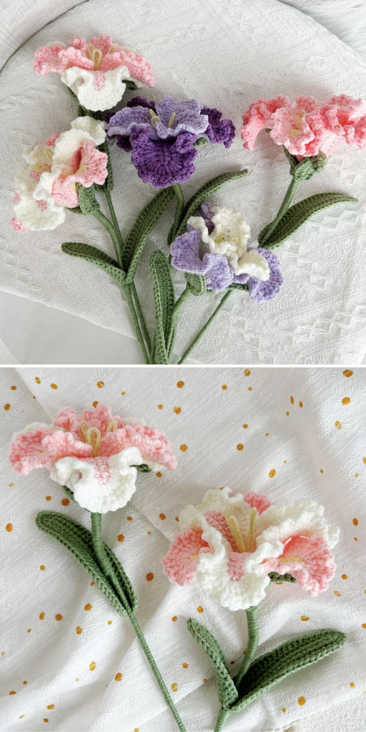 Two images showing crocheted flowers with pink, white, and purple petals and green stems, arranged on textured white and polka-dotted fabric backgrounds.