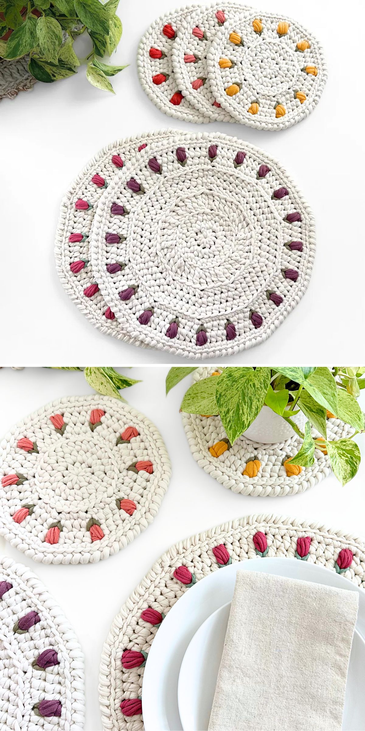 Crocheted round placemats and coasters with colored accent stitches are displayed on a white surface, some under plates, napkins, and potted plants.
