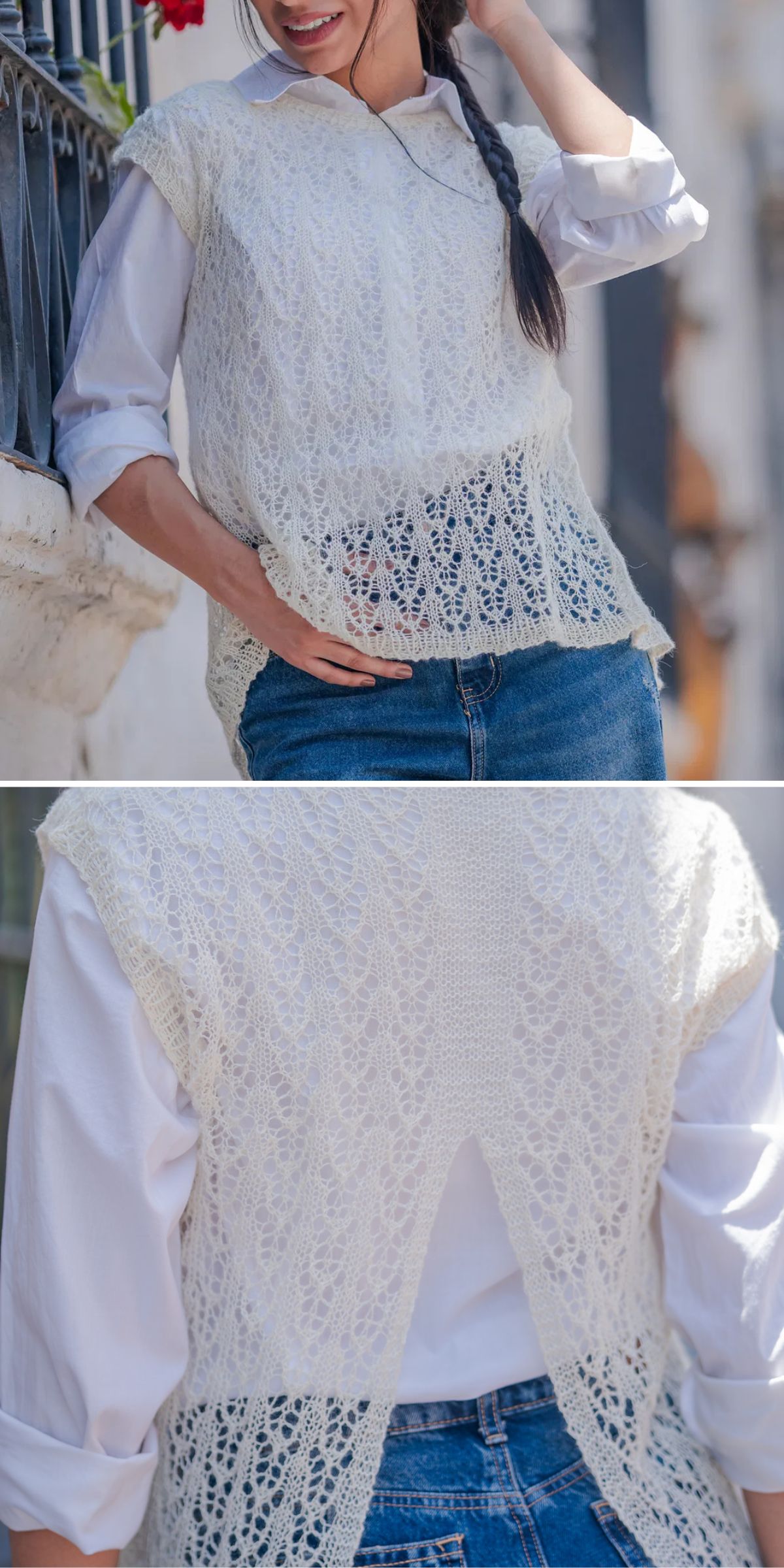 A person wearing a white long-sleeve shirt and blue jeans, layered with a sleeveless, open-back, lacy knit vest in white.