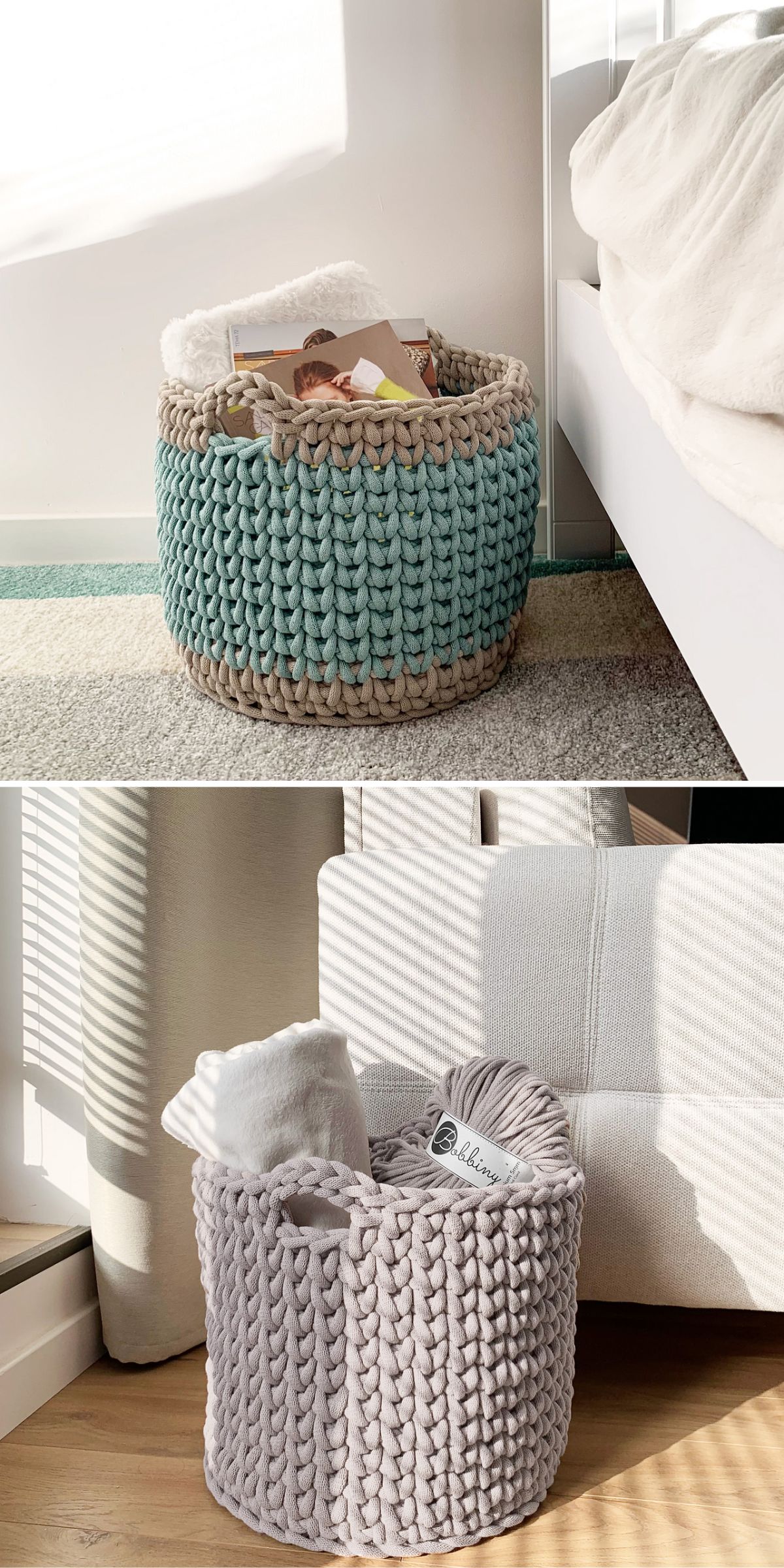 Two chunky crochet storage baskets with handles, each holding a blanket and other items, placed beside a bed and a sofa in sunlit rooms.