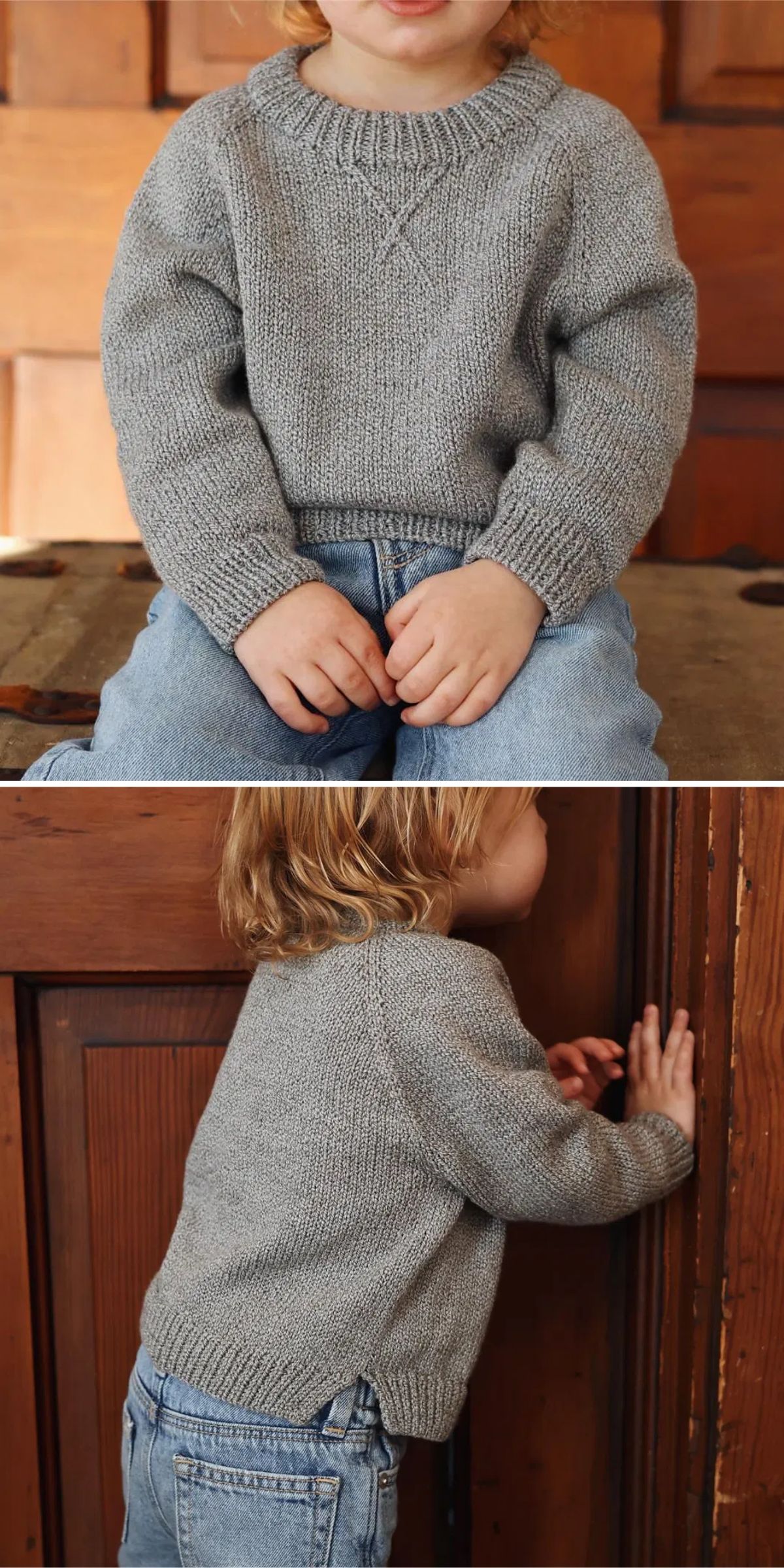 A young child wearing a grey knitted sweater and blue jeans is shown sitting and standing near a wooden surface.