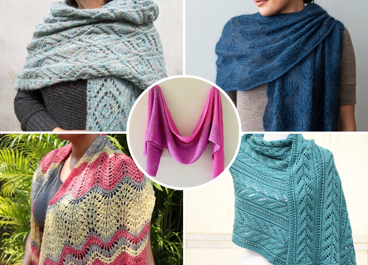 Collage of five knitted shawls in different colors and patterns, displayed on mannequins and hangers, with one pink shawl centered among four others in blue, green, and multicolor.