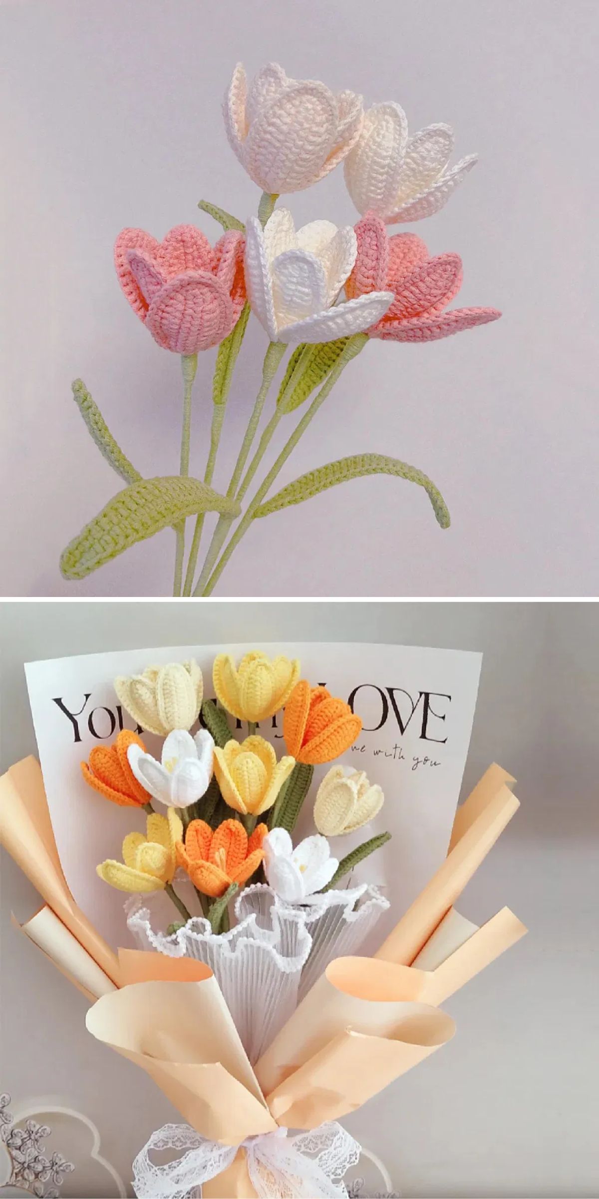 Two images of crocheted tulip flowers in pastel colors; the first shows individual stems, the second shows a bouquet wrapped in paper with a note in the background.