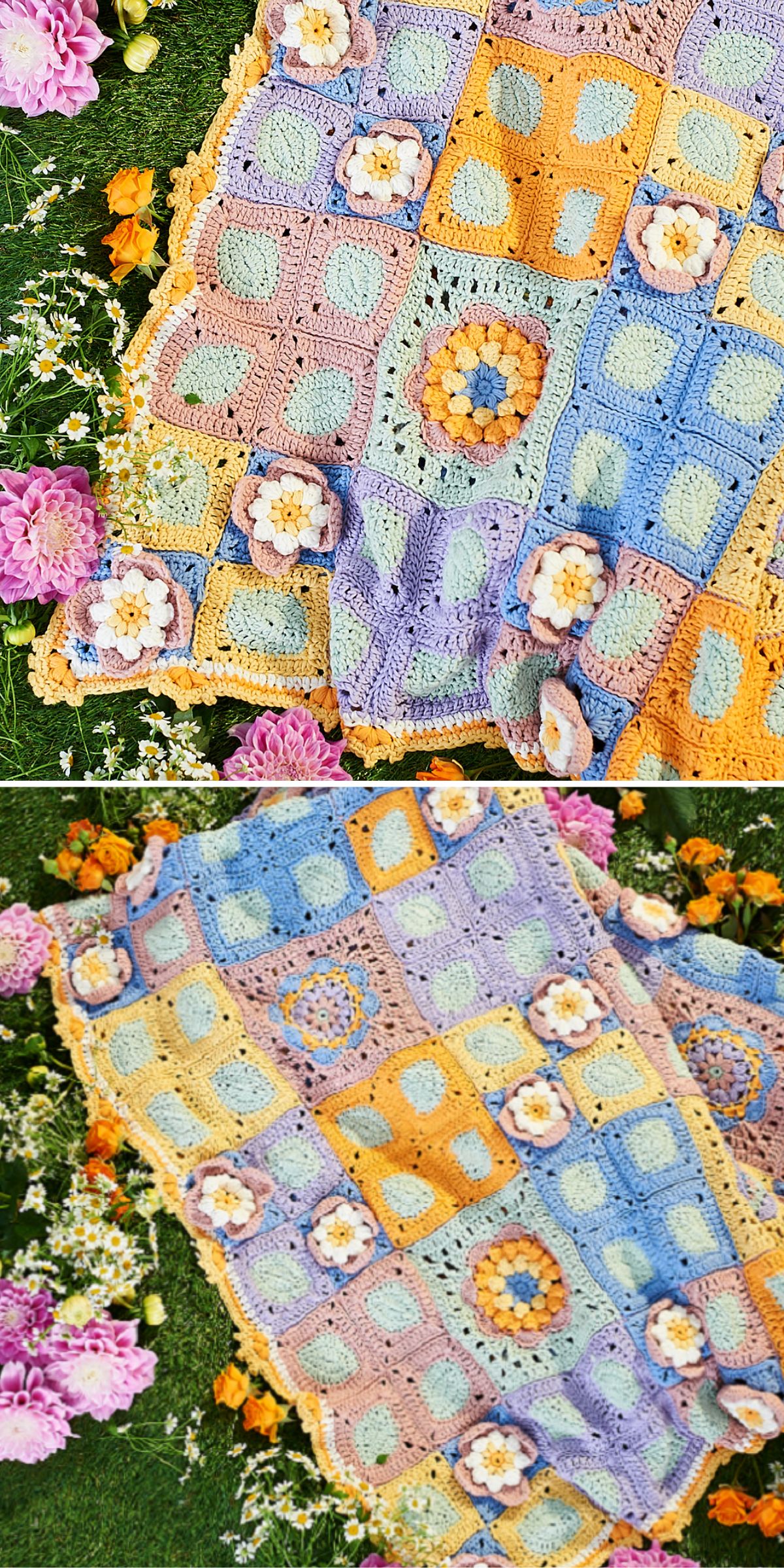 Two photos of a colorful crocheted blanket with floral motifs, laid out on grass surrounded by pink and white flowers.