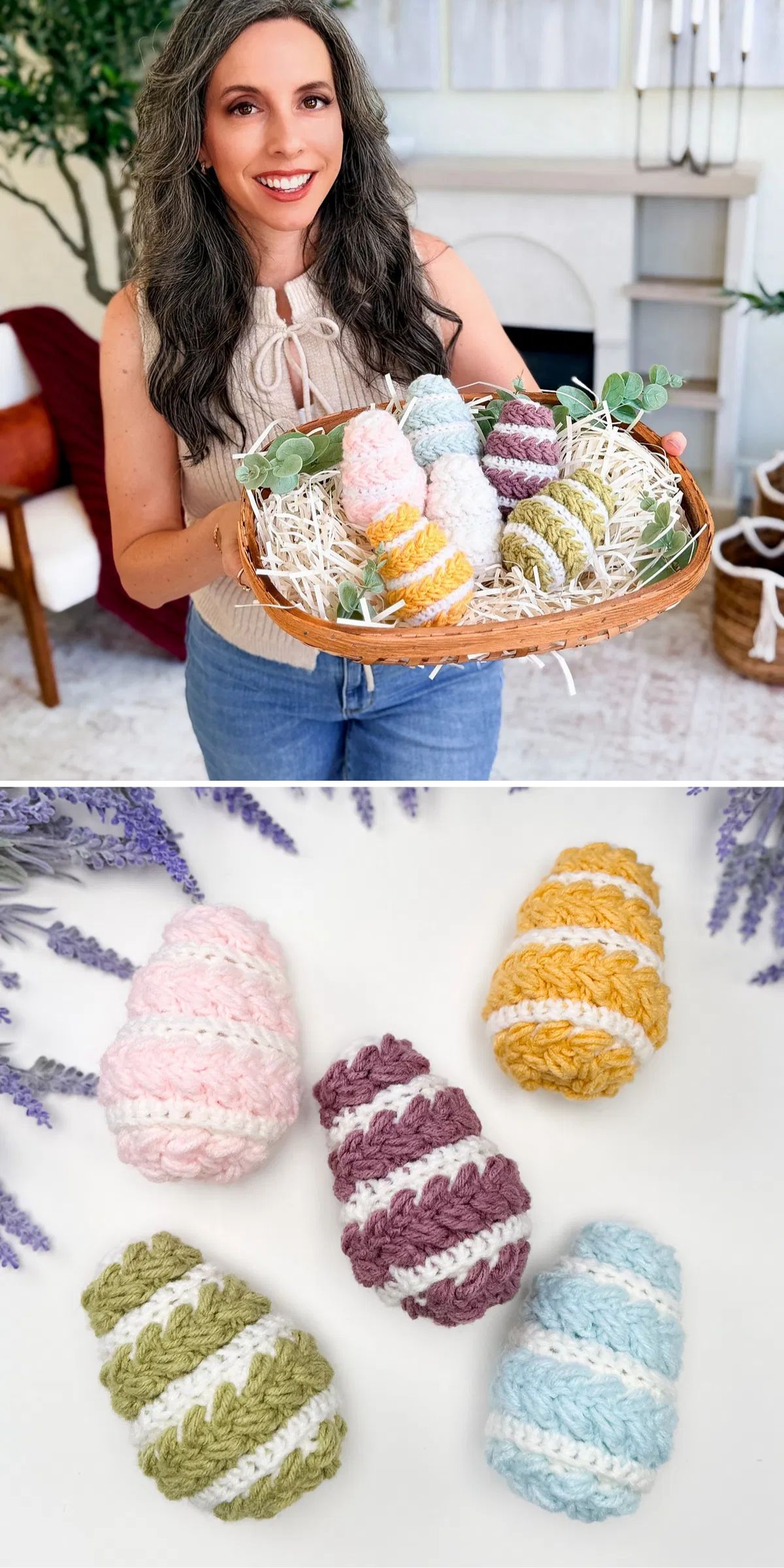 A woman holds a basket filled with crocheted striped eggs; below, five crocheted eggs in various pastel colors are arranged on a surface.