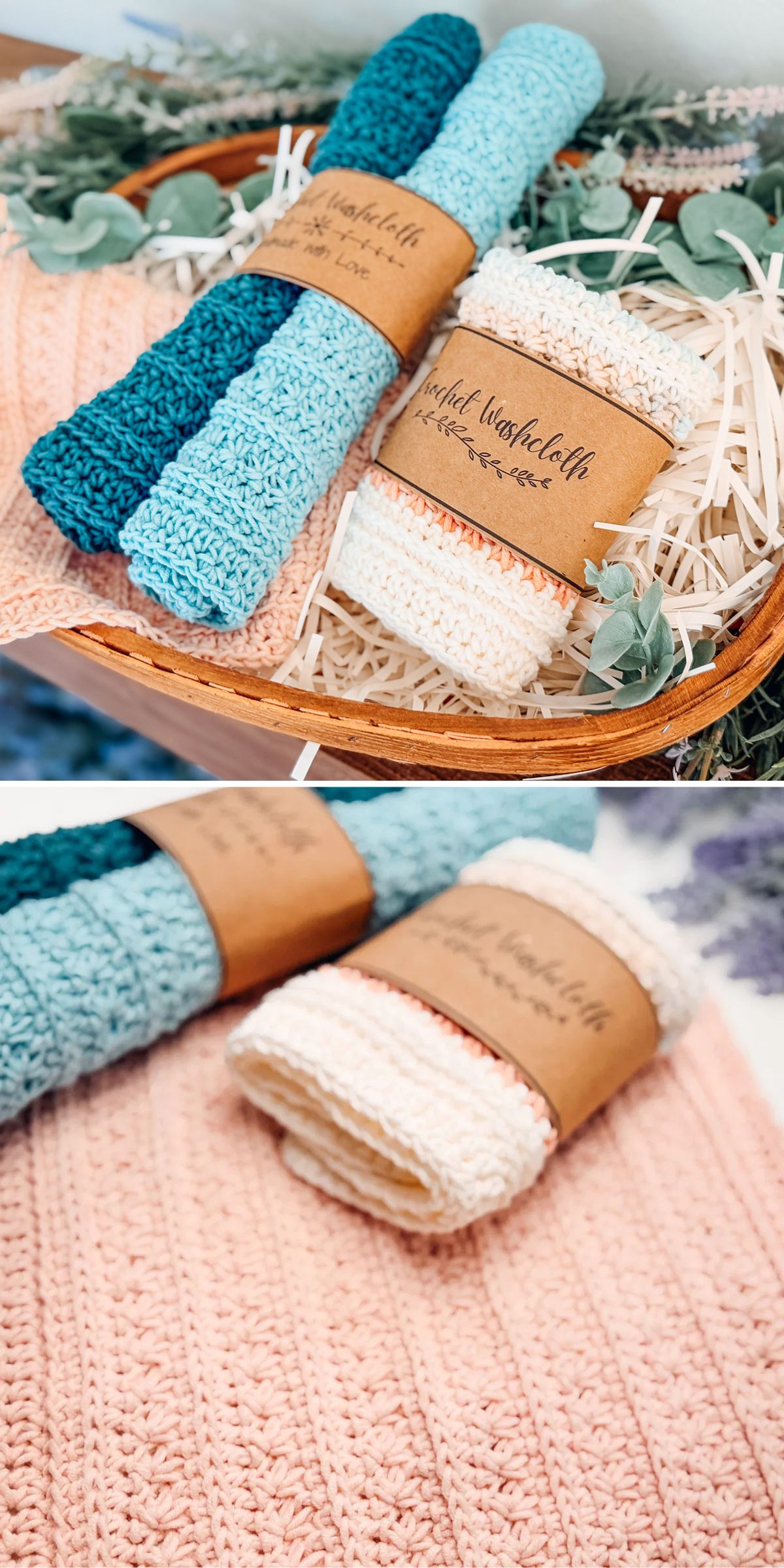 Rolled, knitted washcloths in blue, teal, cream, and pink with brown paper labels are displayed in a woven basket and on a textured pink cloth.