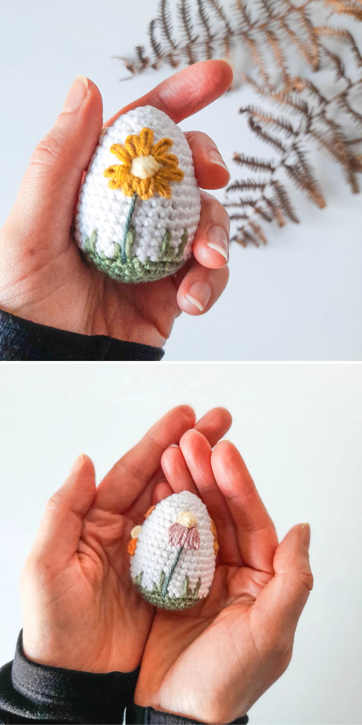Two photos show hands holding a small, white, crocheted egg decorated with embroidered flowers; dried fern leaves appear in the background of the top image.