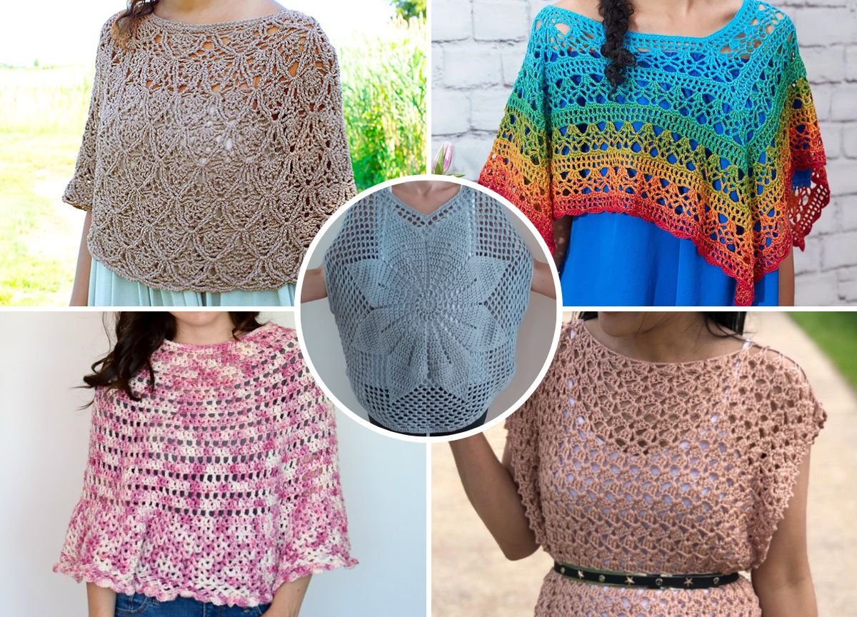 Five different crochet ponchos are displayed, each with unique patterns and colors, including neutral, rainbow, pink, and beige tones, arranged in a collage format.
