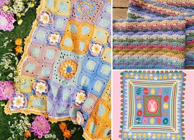 Three colorful crocheted blankets are displayed: one with pastel squares and flowers, one with wavy stripes, and one featuring a decorative central motif—each showcasing intricate blanket CAL crochet pattern designs. Flowers decorate the scene.
