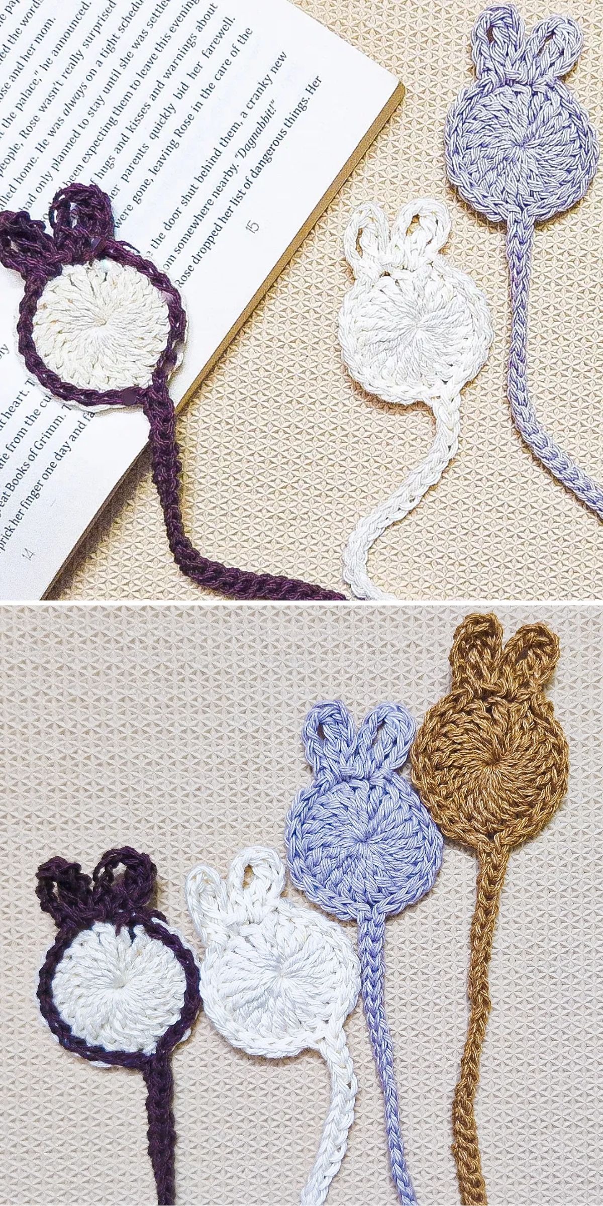 Three crocheted bunny-shaped bookmarks in purple, white, blue, and brown are shown, one placed in a book and the others laid on a textured surface.