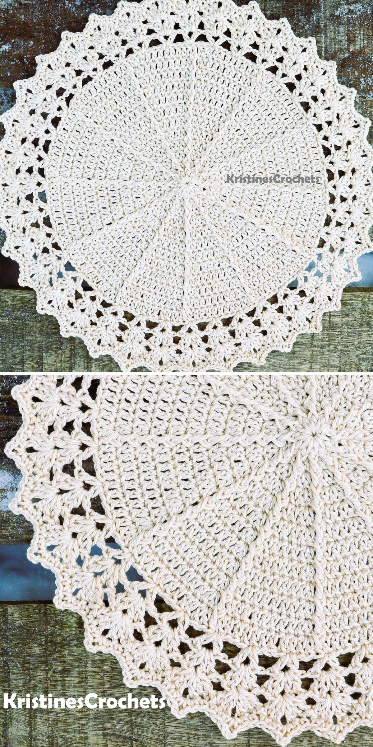 Beige crocheted doily with a circular pattern, solid center, and decorative lacy edges, displayed on a weathered wooden surface.