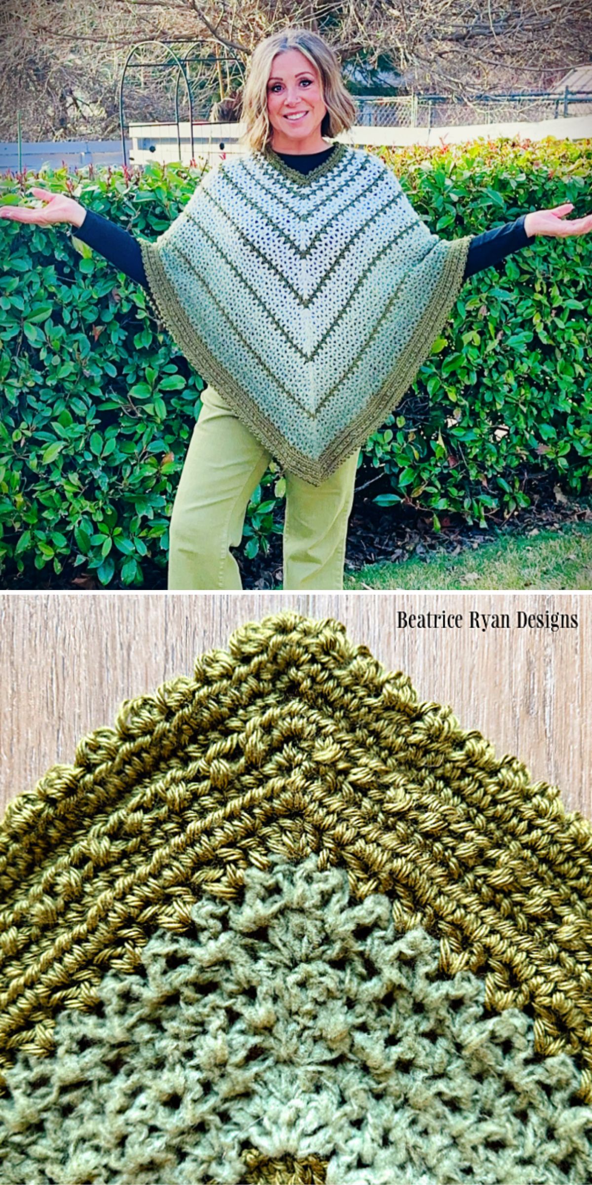 A woman stands outdoors wearing a green crocheted poncho with chevron stripes; close-up below shows stitch detail. Text reads "Beatrice Ryan Designs.