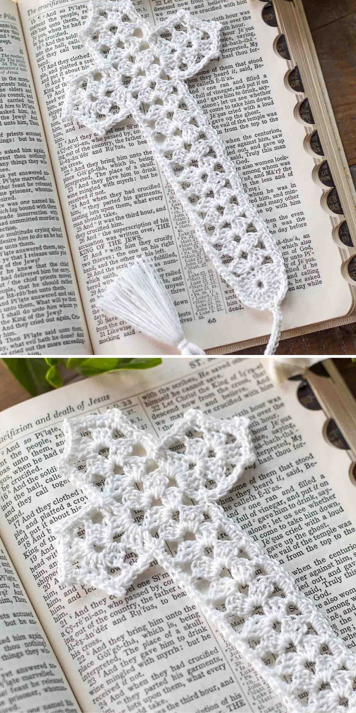 A white crocheted cross-shaped bookmark with a tassel rests on the open pages of a Bible.
