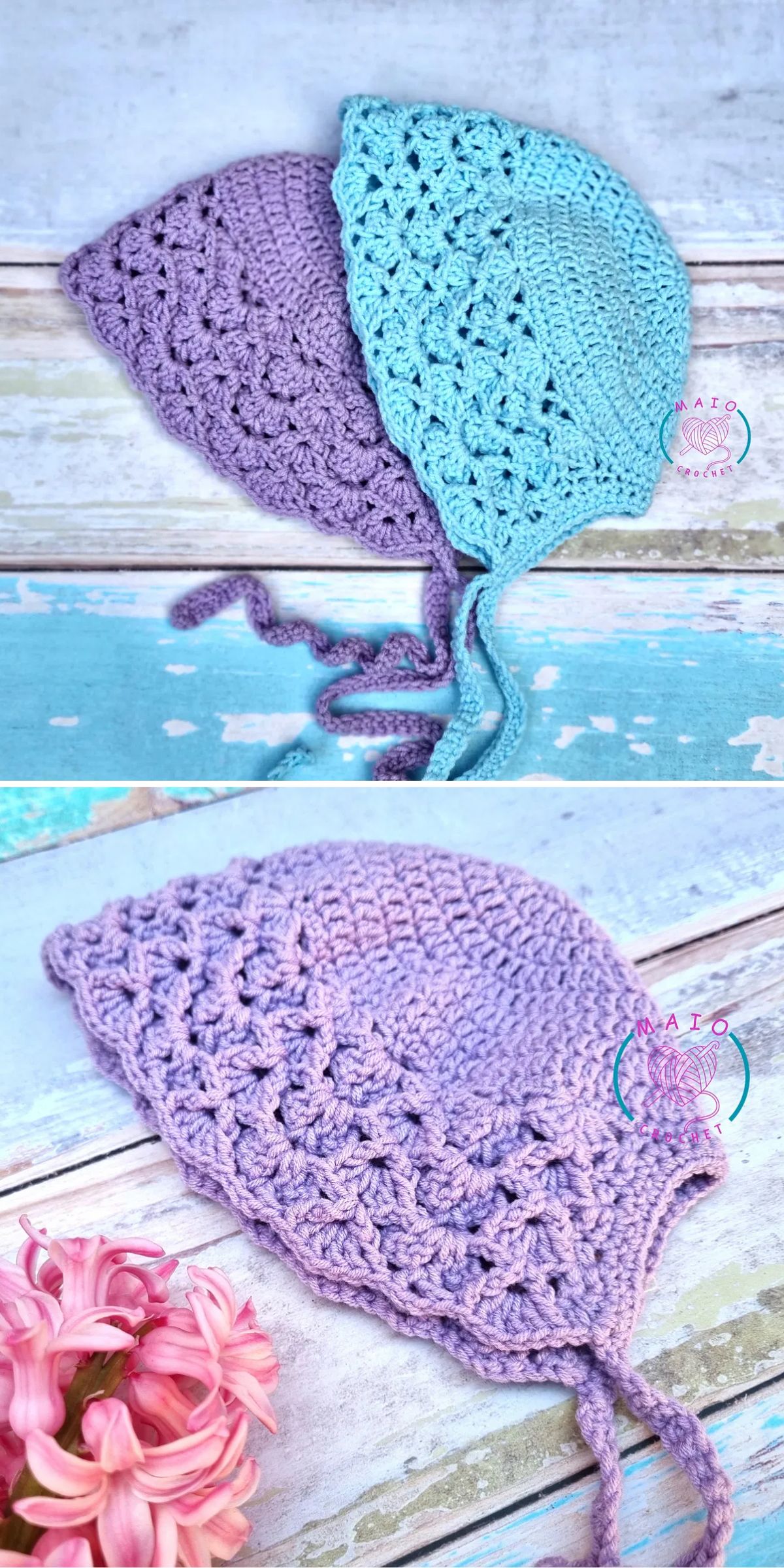 Two crocheted baby bonnets, one purple and one light blue, displayed on a rustic wooden surface with a small pink flower in the corner of the bottom image.