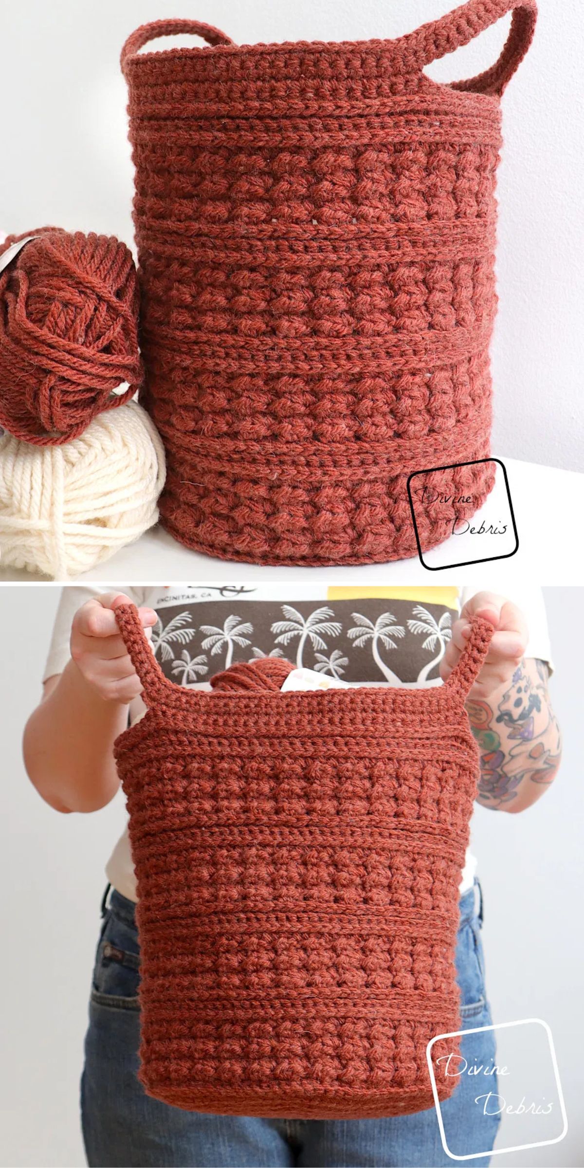 A large, cylindrical, crocheted basket with handles is shown in rust-colored yarn. The basket is displayed both standing alone and being held by a person.