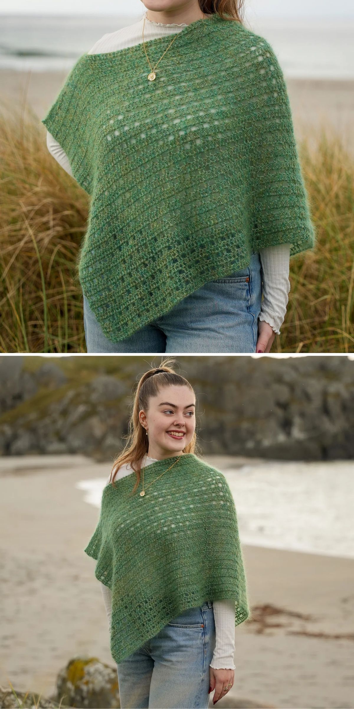 A woman at the beach wears a green crocheted poncho over a white long-sleeve top and blue jeans.